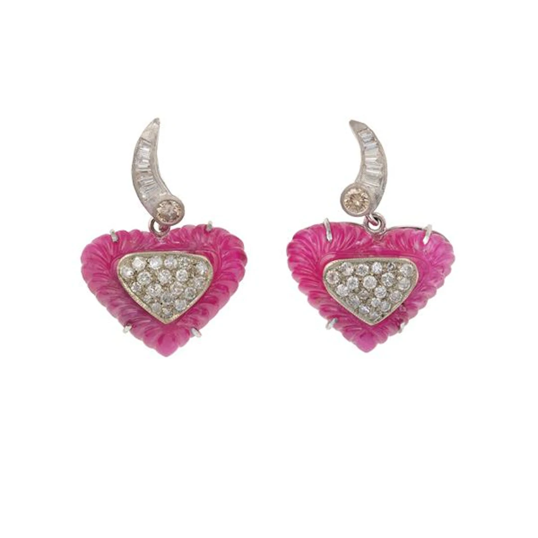 Pair of carved ruby, diamond and gold earrings