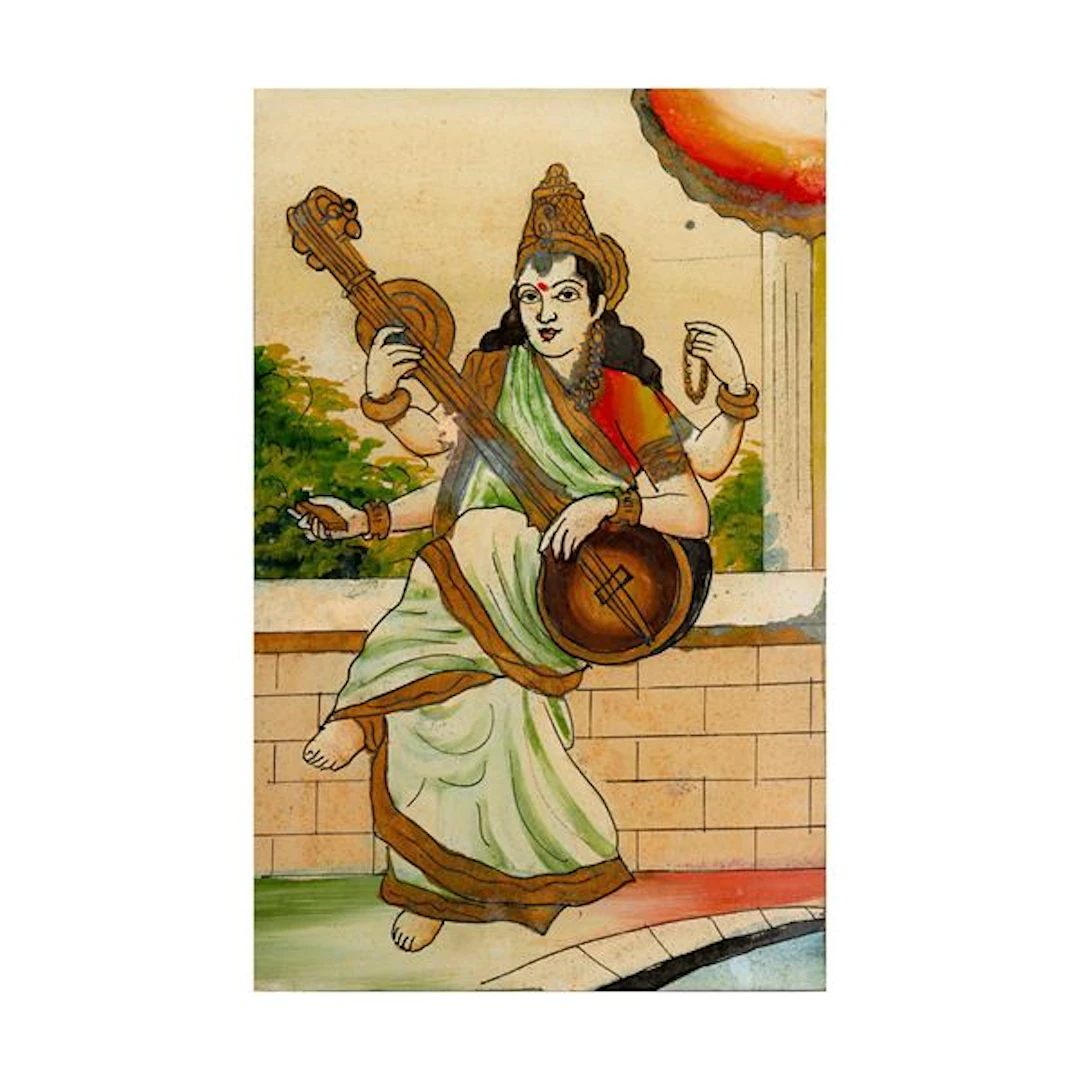 Coppia di dipinti su porcellana raffigurante la Dea Sarasvati, India, XX secolo