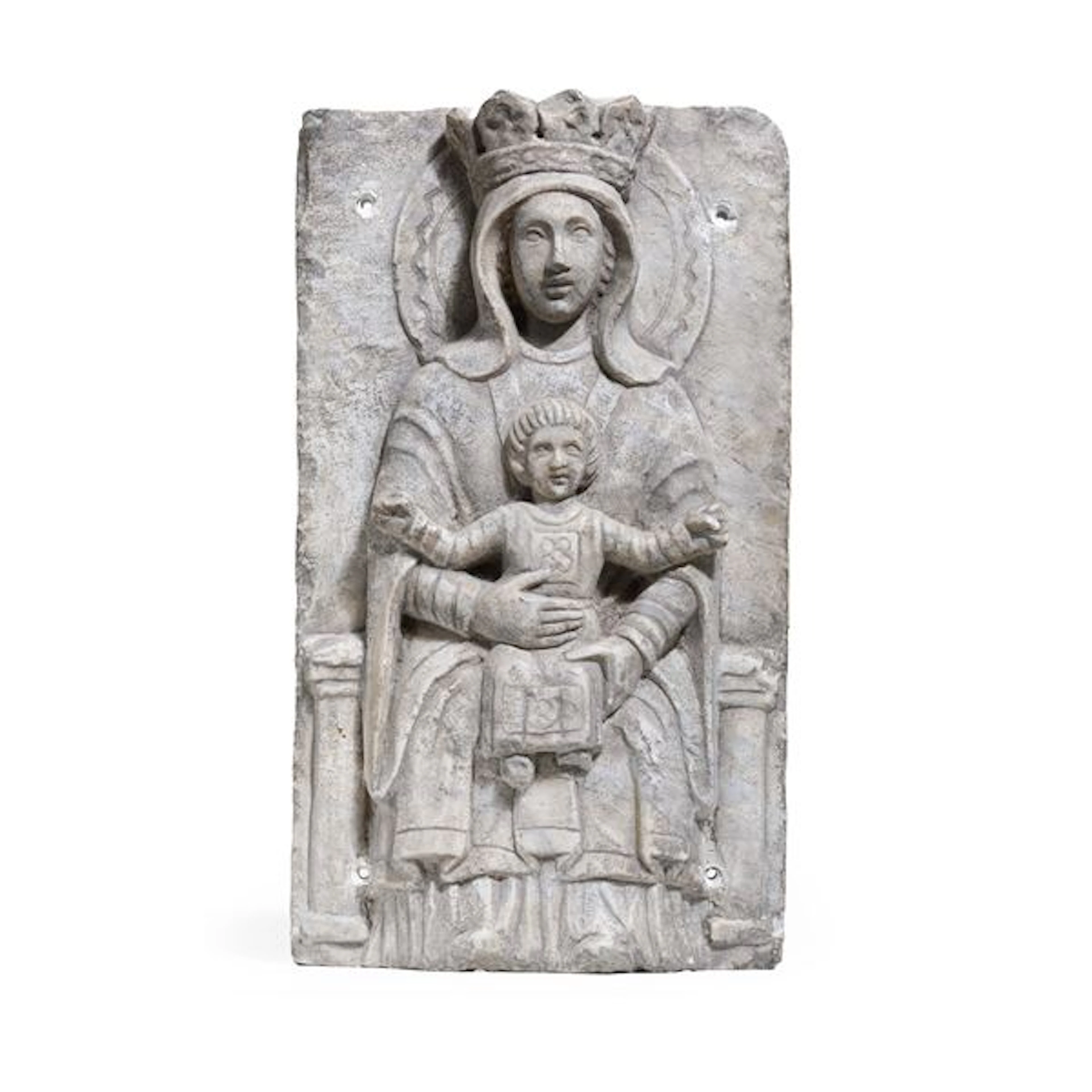 Bassorilievo in pietra raffigurante Madonna con Bambino. XIX-XX secolo