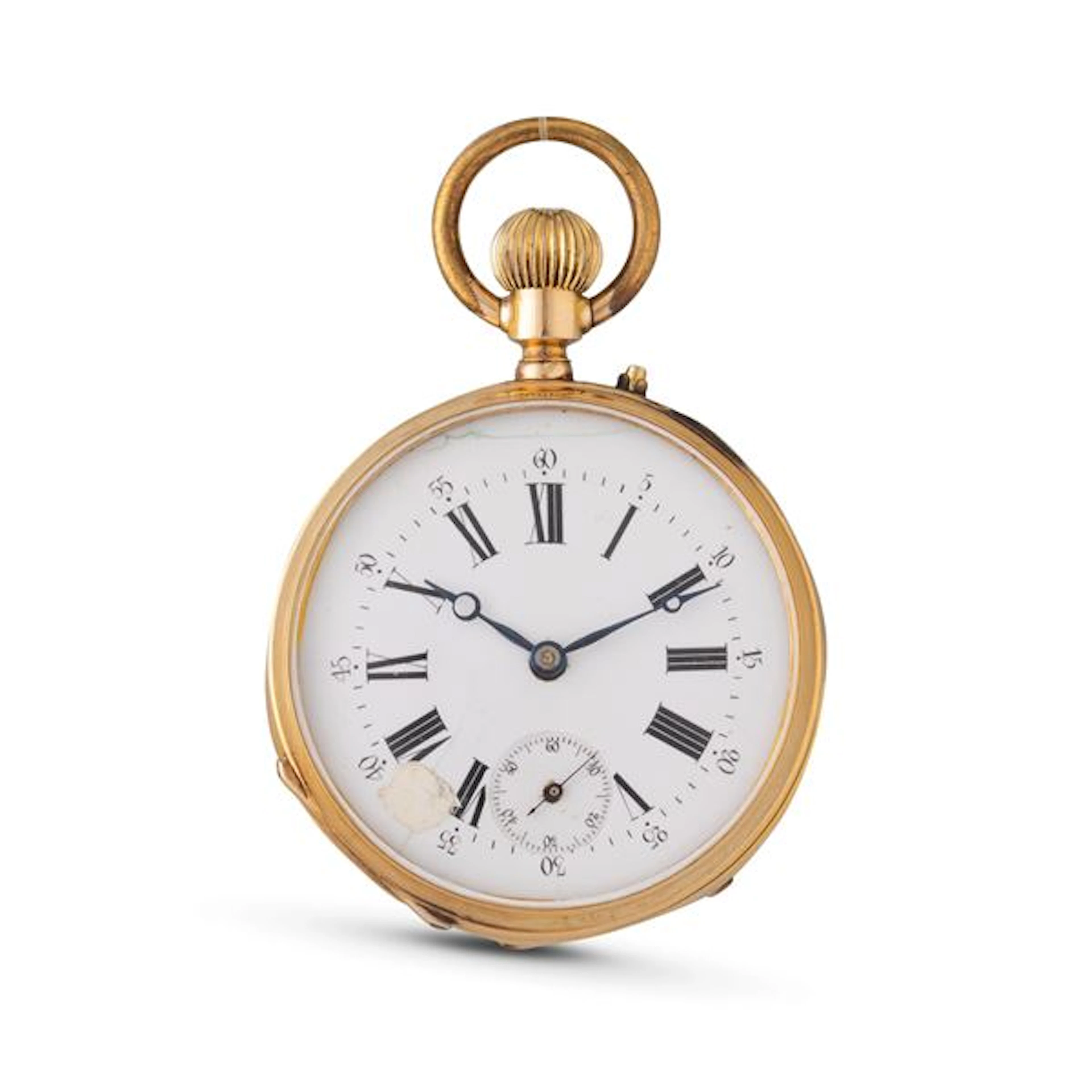 Orologio da tasca in oro 18k cesellata, quadrante smalto bianco con