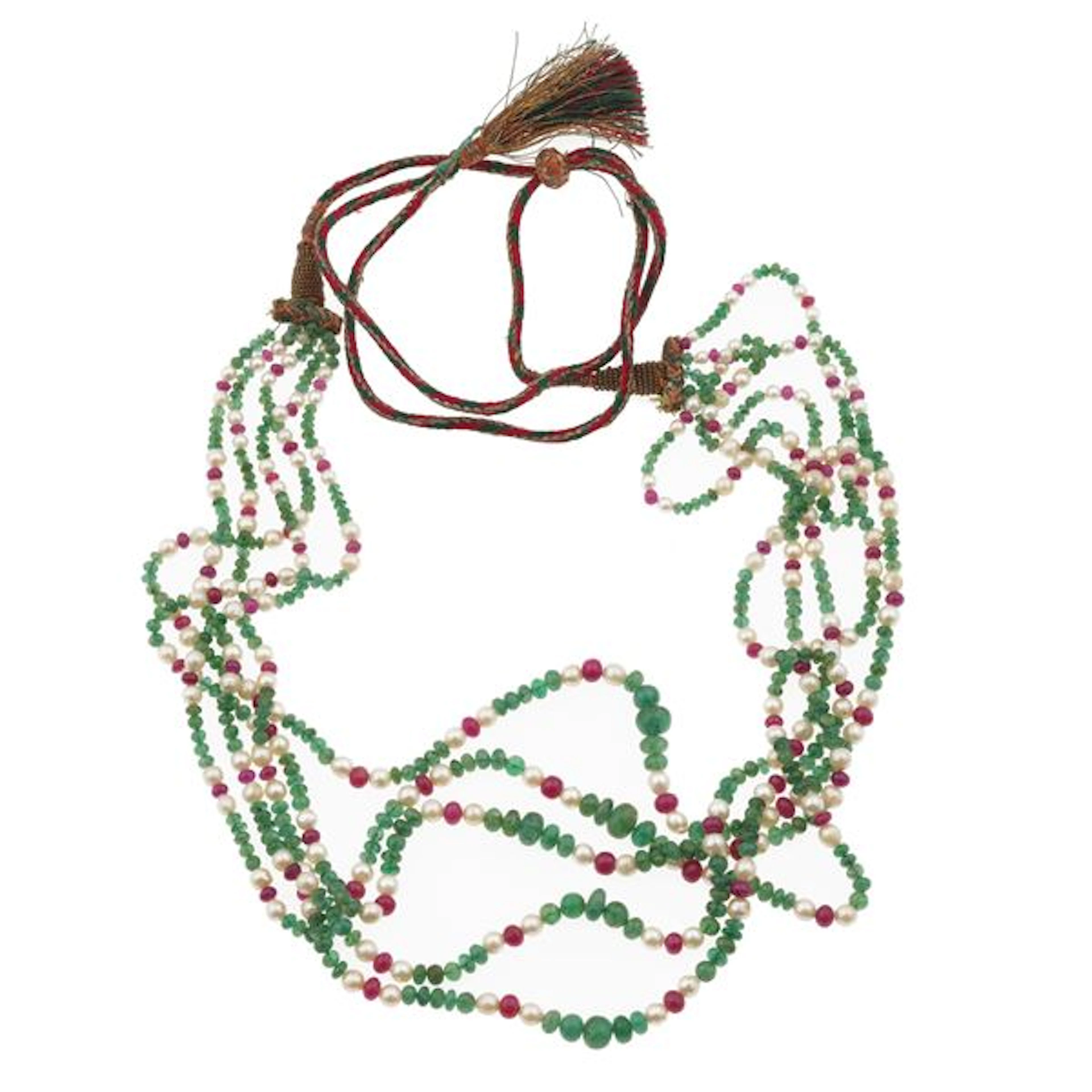 Five strand of emerald, ruby and cultured pearl necklace