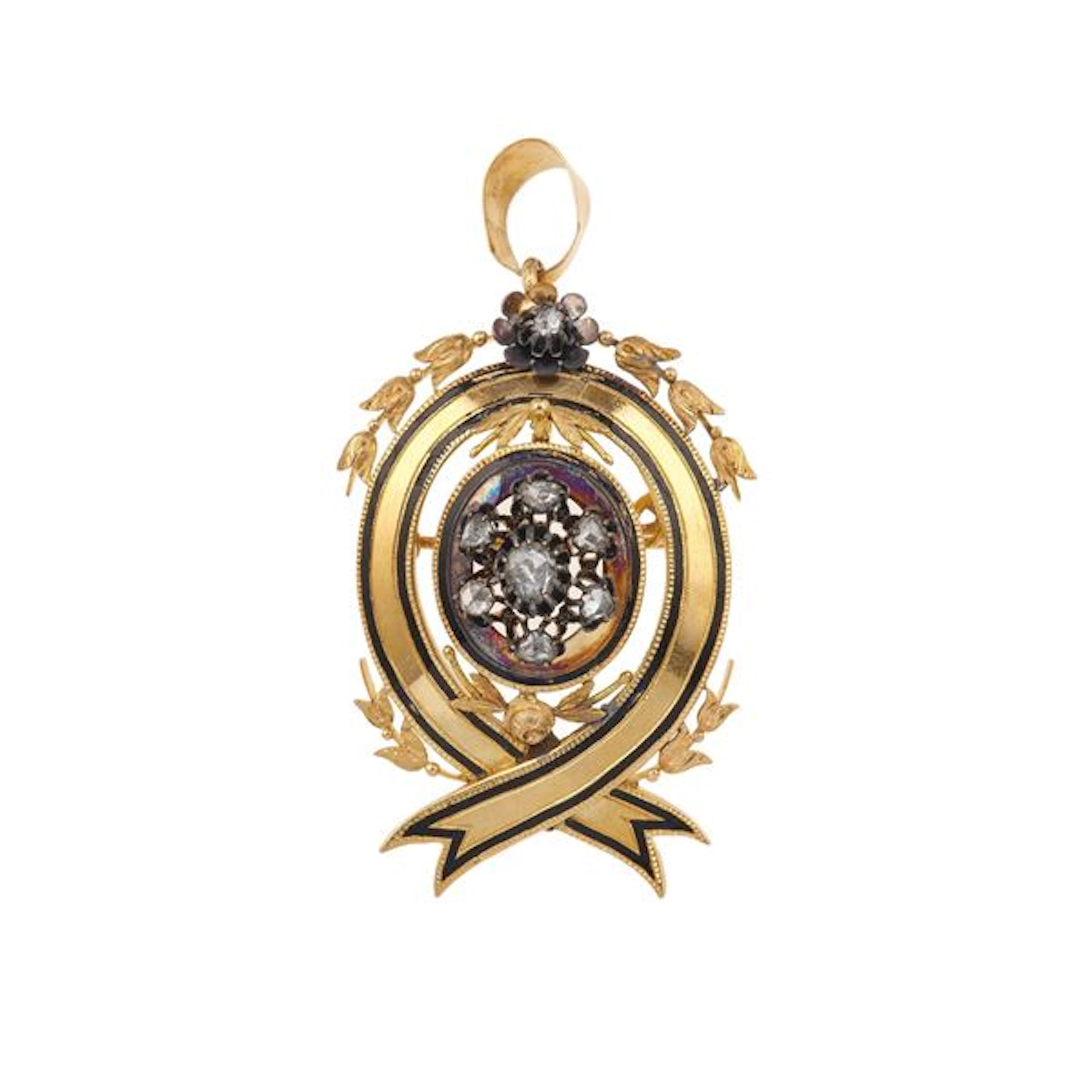 Enamel, rose-cut diamond, gold and silver pendant/brooch
