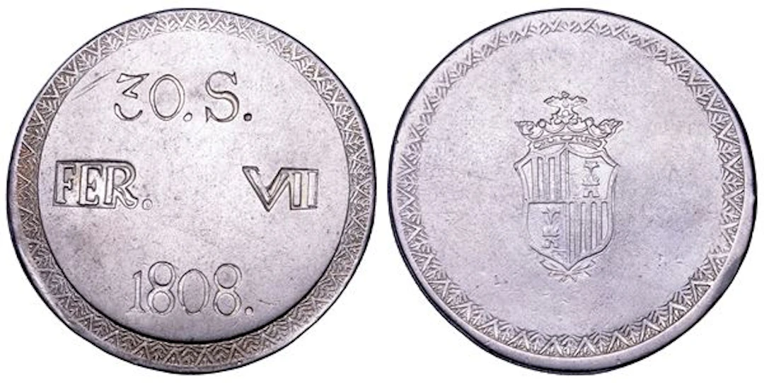 FERNANDO VII, 1808-1833. SPAGNA. 30 sueldos (sous) 1808, coniato su