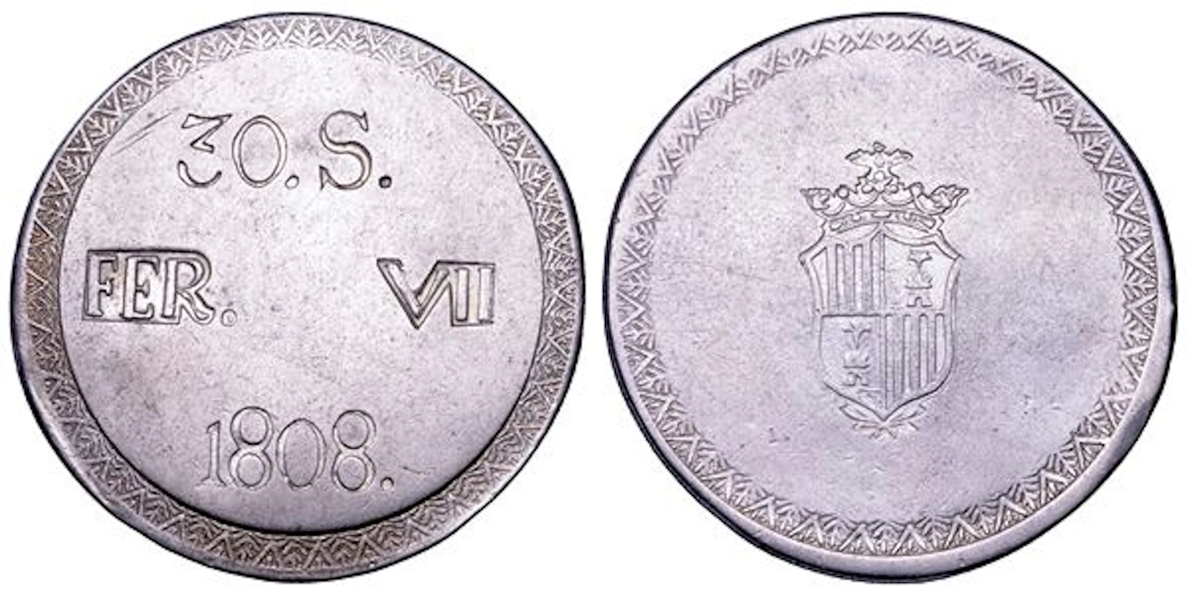 FERNANDO VII, 1808-1833. SPAGNA. 30 sueldos (sous) 1808, coniato su