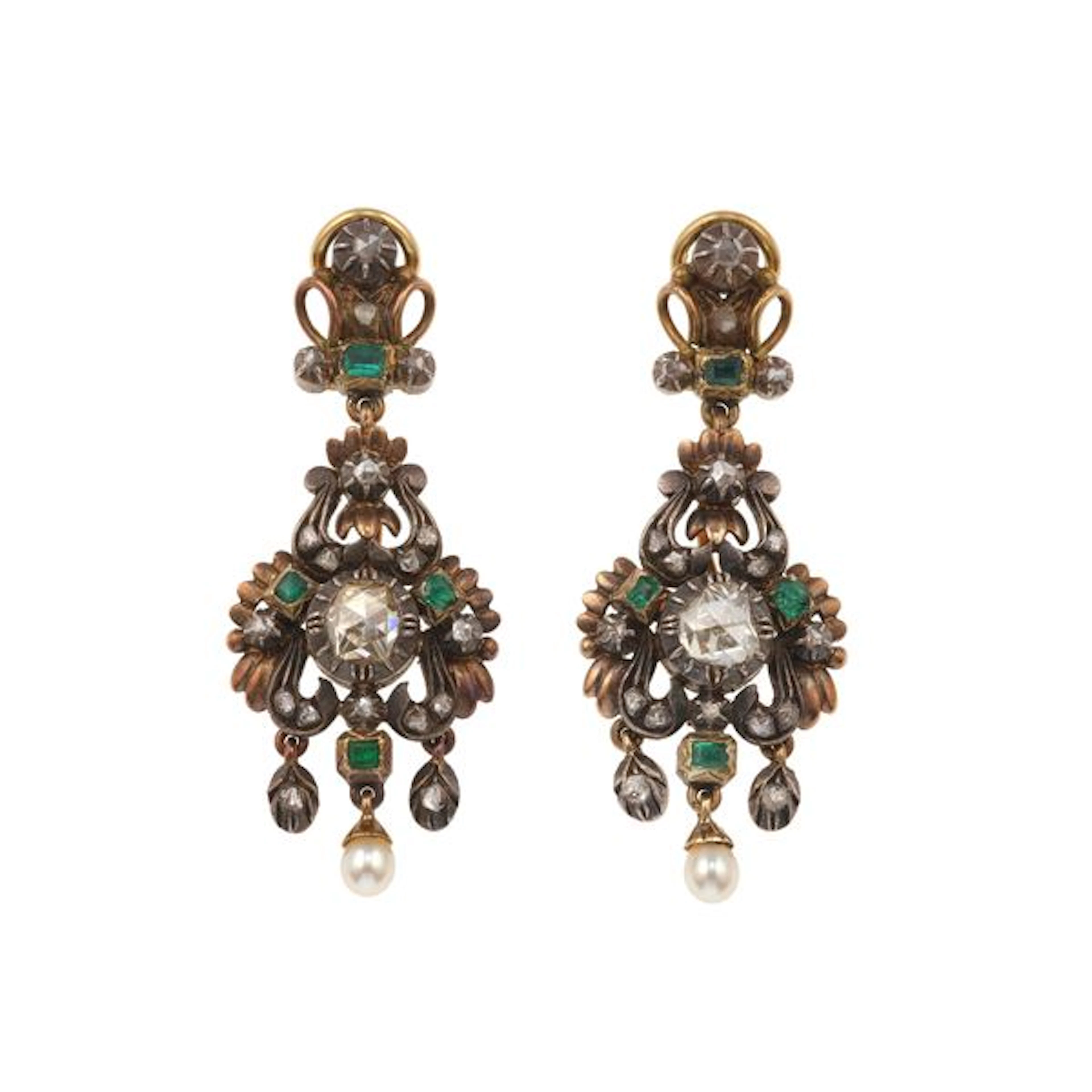 Pair of rose-cut diamond, emerald, gold and silver earrings