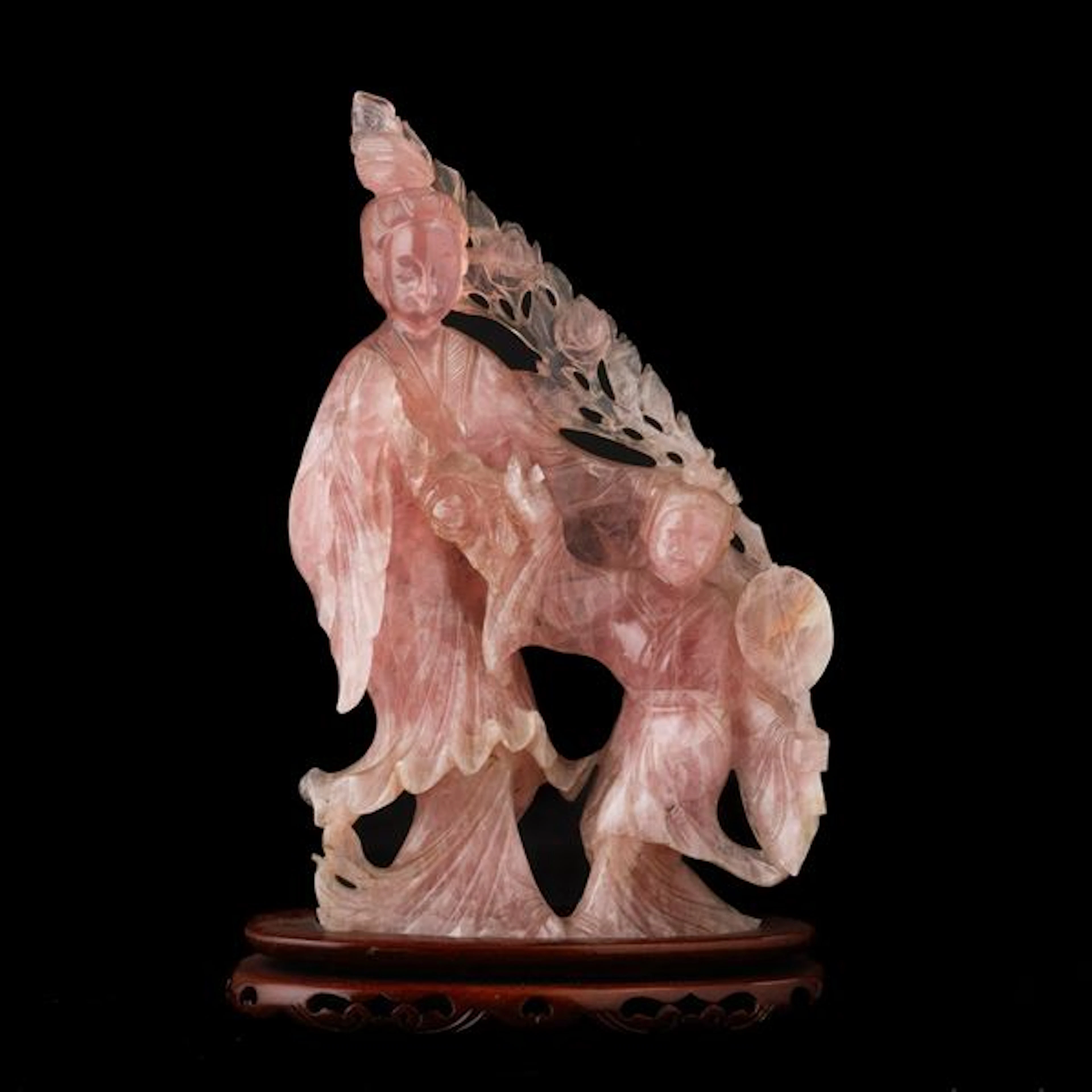 Figura in quarzo rosa raffigurante donna con bambina, Cina, Dinastia