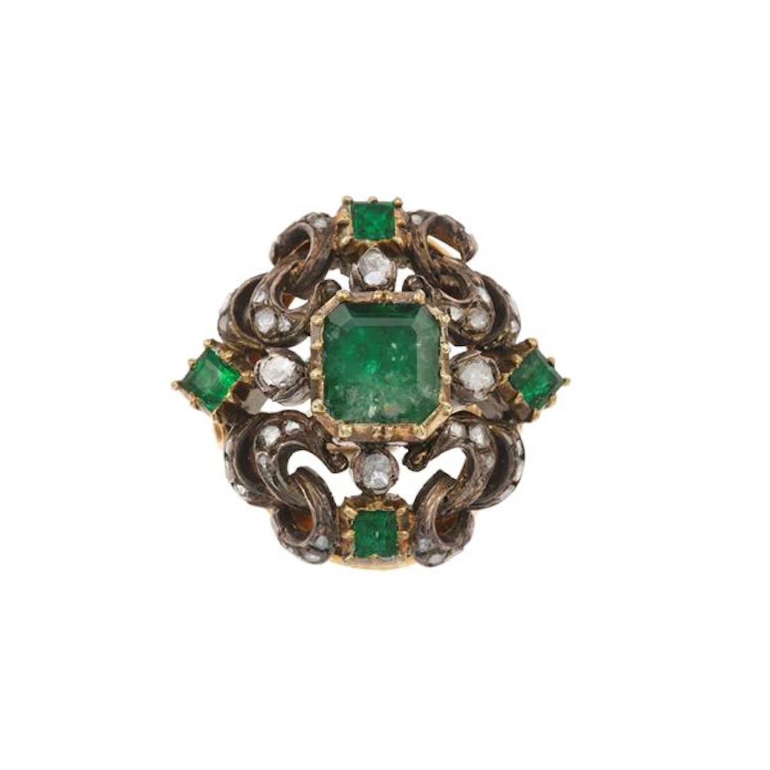 Emerald, rose-cut diamond, gold and silver ring