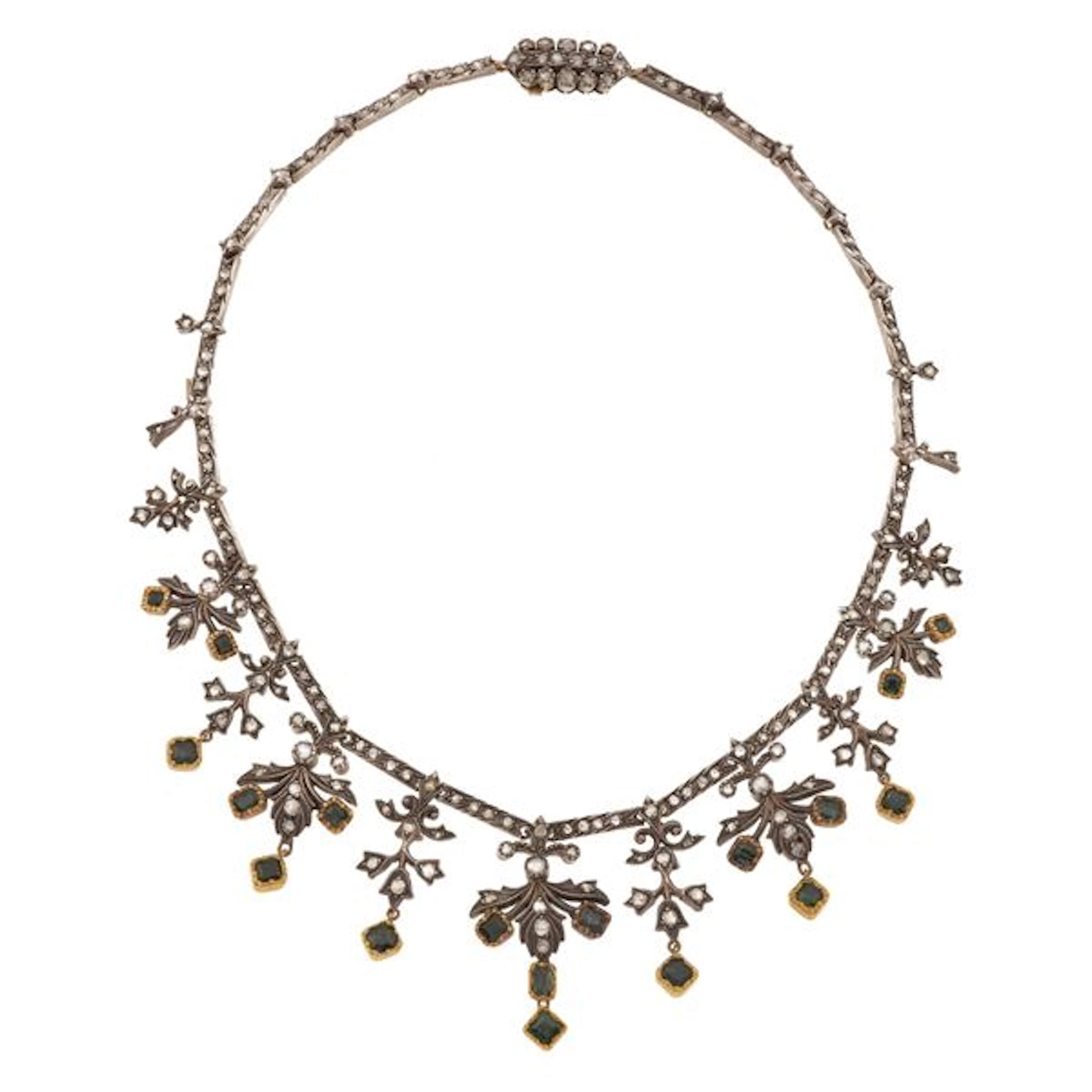 Rose-cut diamond, emerald, low-karat-gold and silver necklace