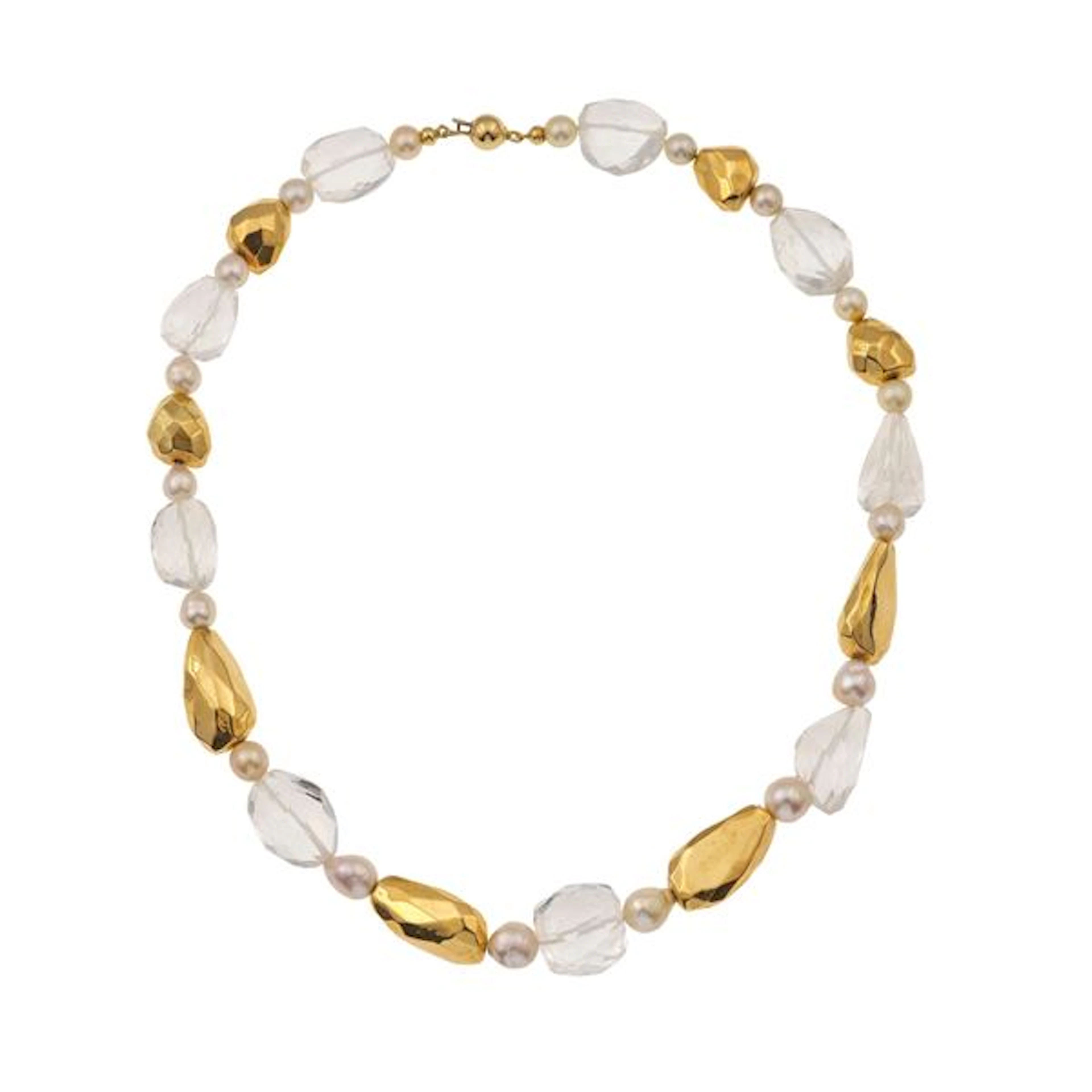 Rock crystal, cultured pearl and gold necklace