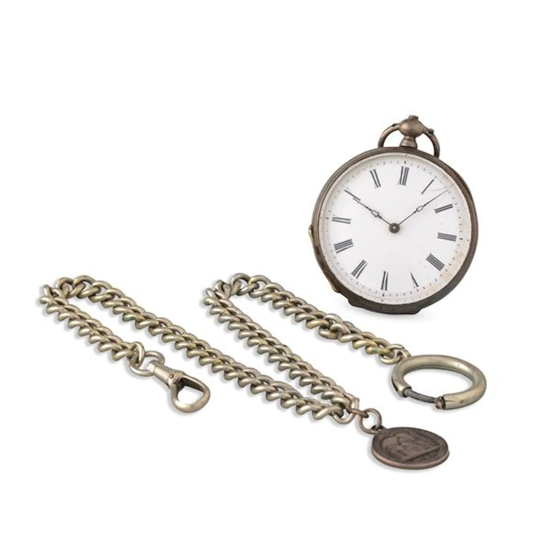 Orologio da tasca in argento con catena, quadrante bianco con numeri