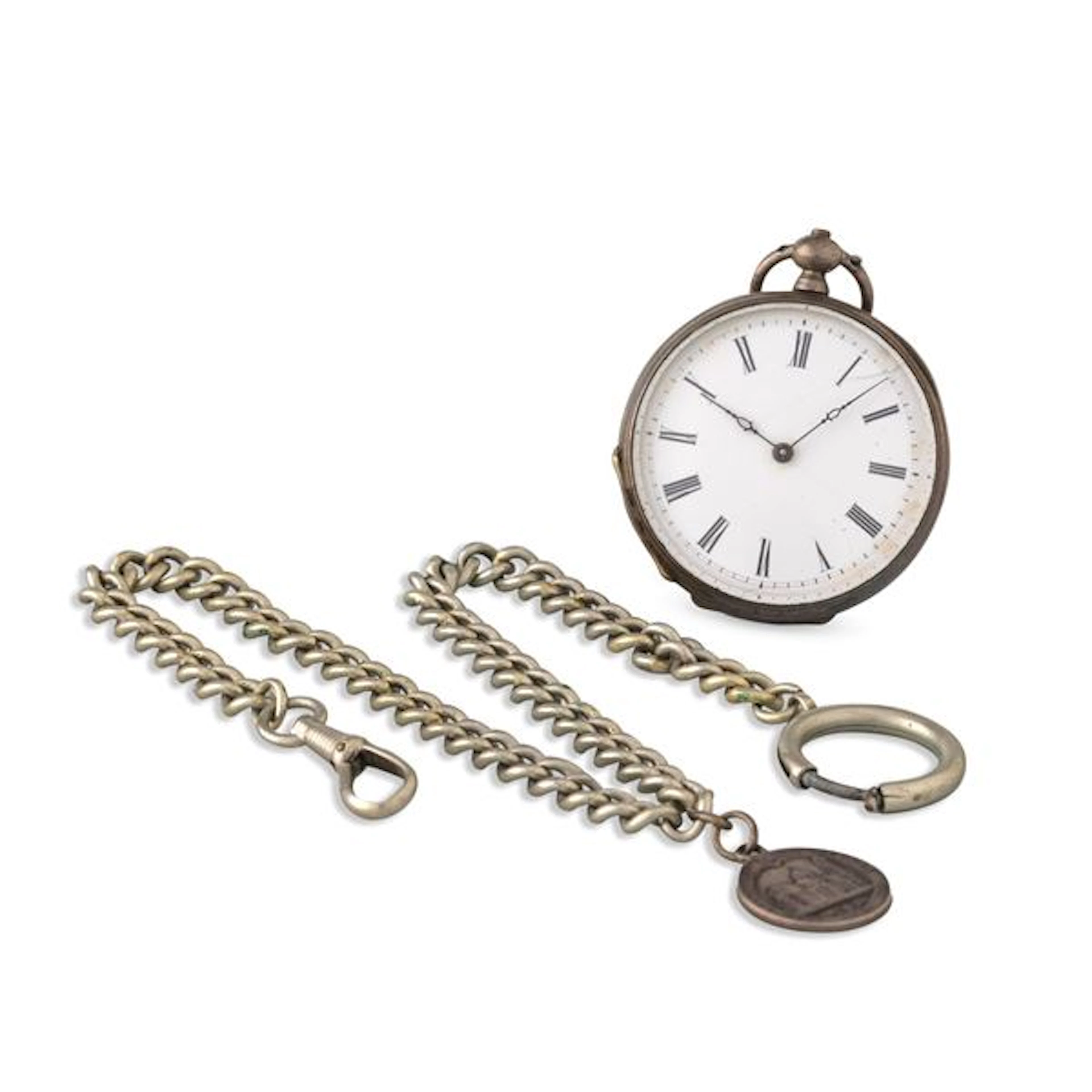 Orologio da tasca in argento con catena, quadrante bianco con numeri