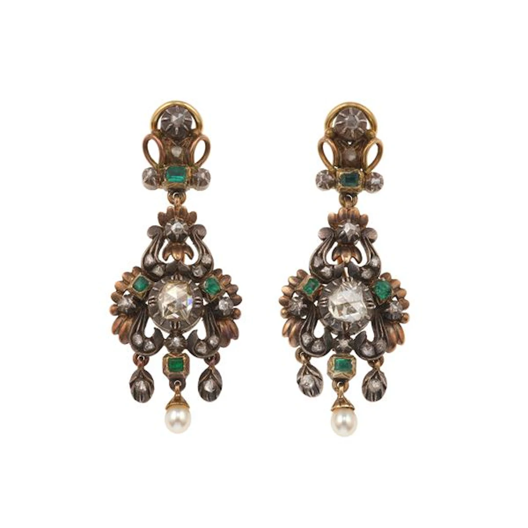 Pair of rose-cut diamond, emerald, gold and silver earrings