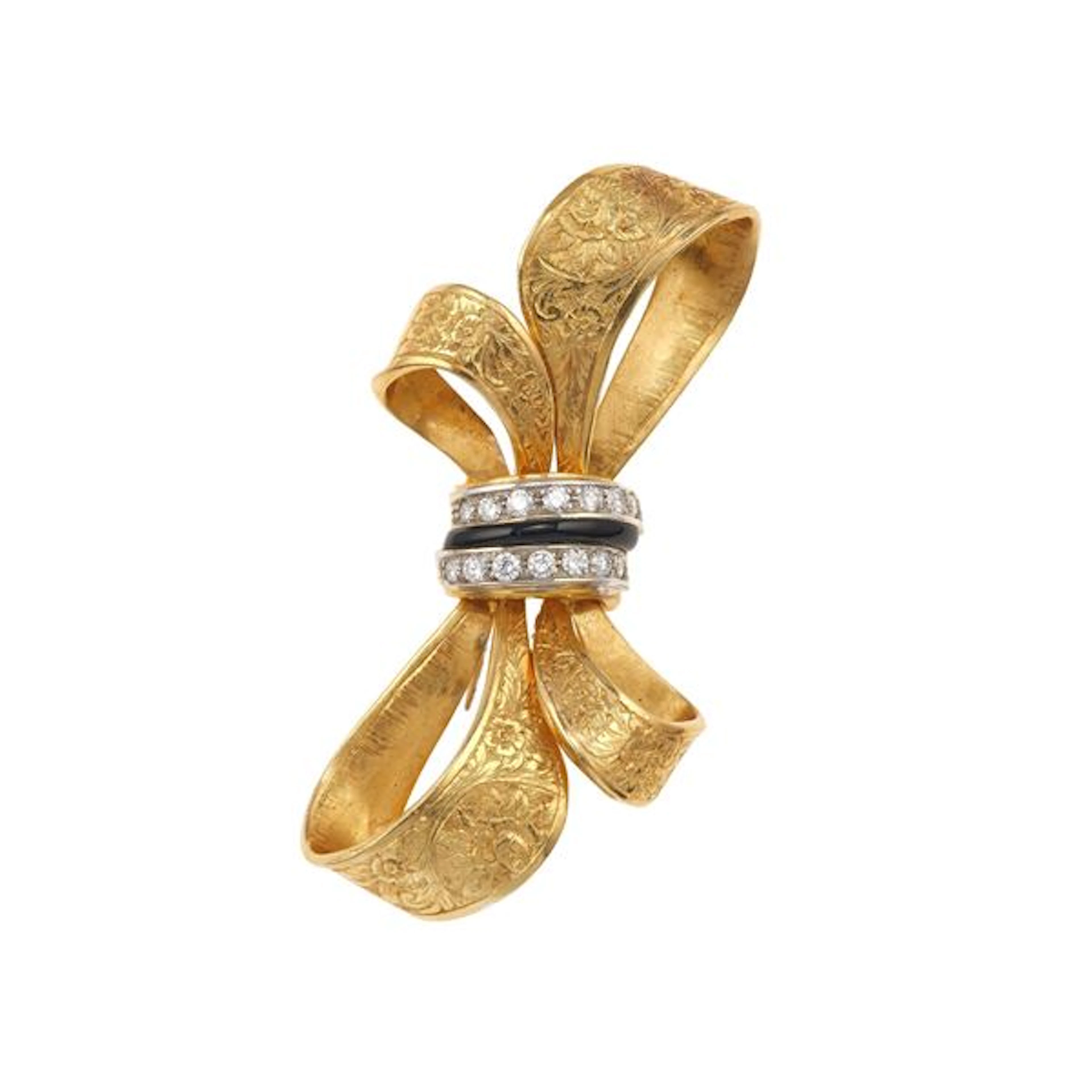Onyx, diamond and gold bow brooch
