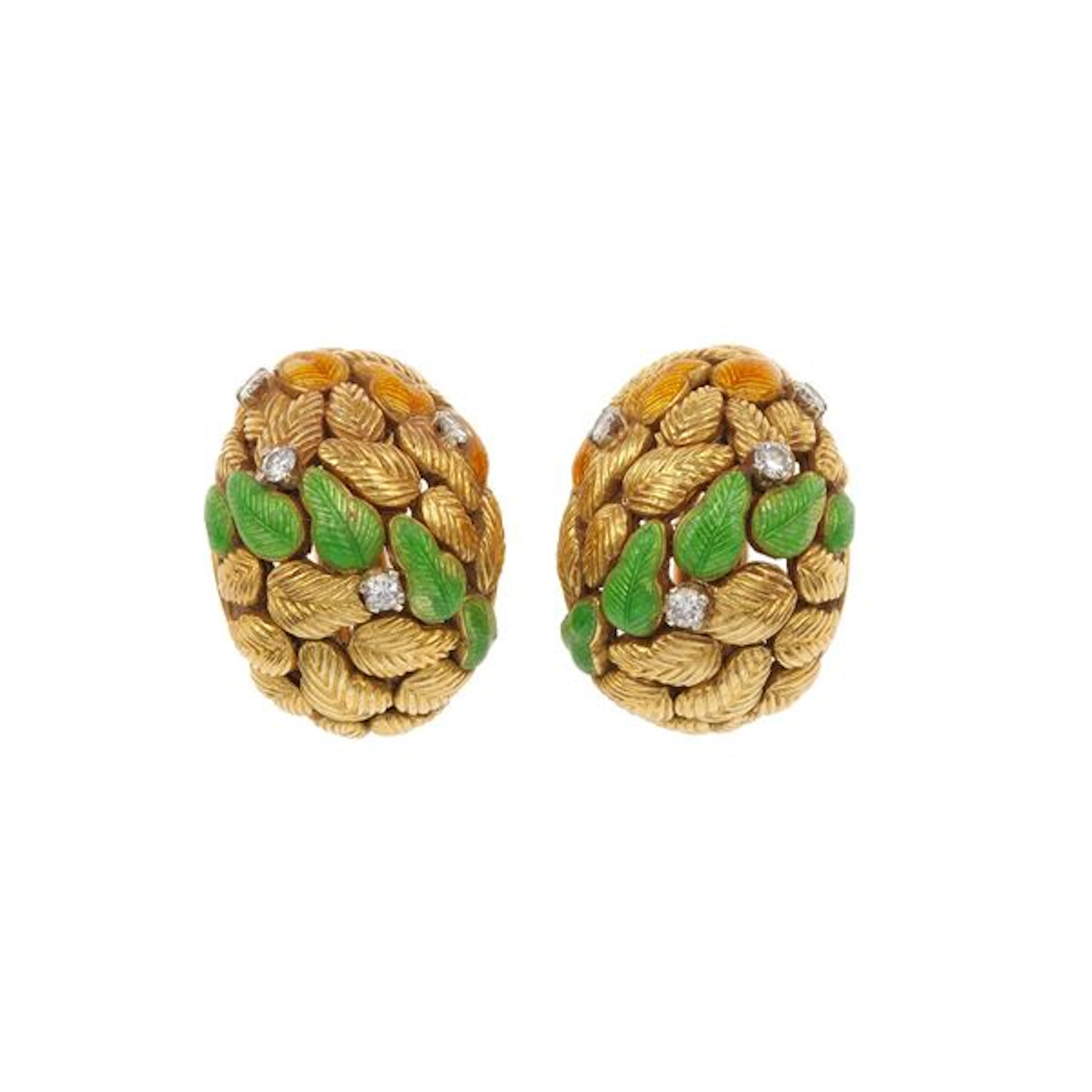 Pair of enamel, diamond and gold earrings