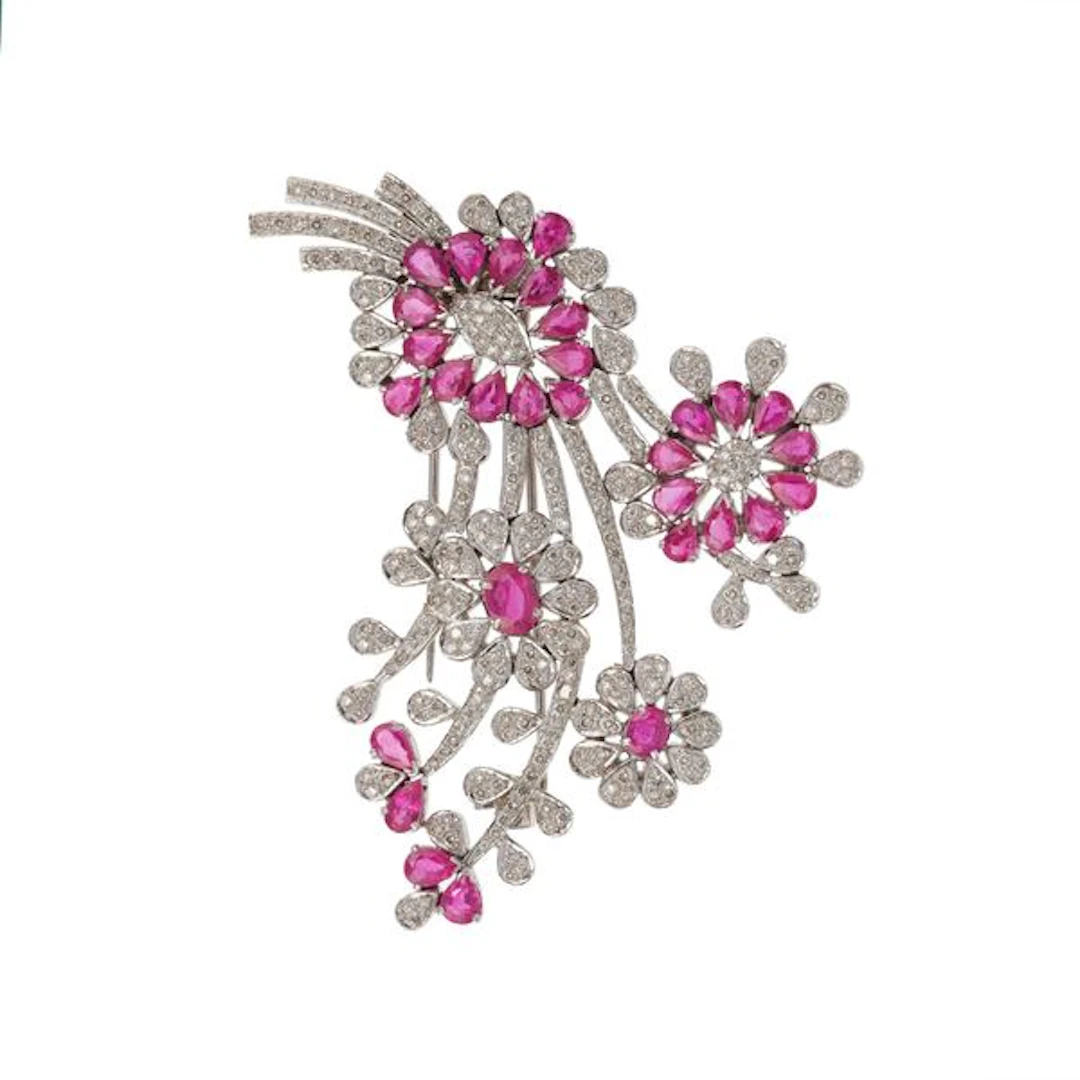 Diamond, ruby and gold brooch