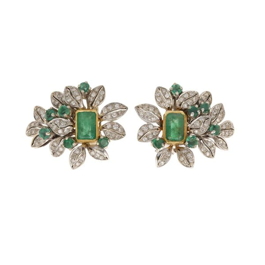 Pair of emerald, diamond and gold earrings