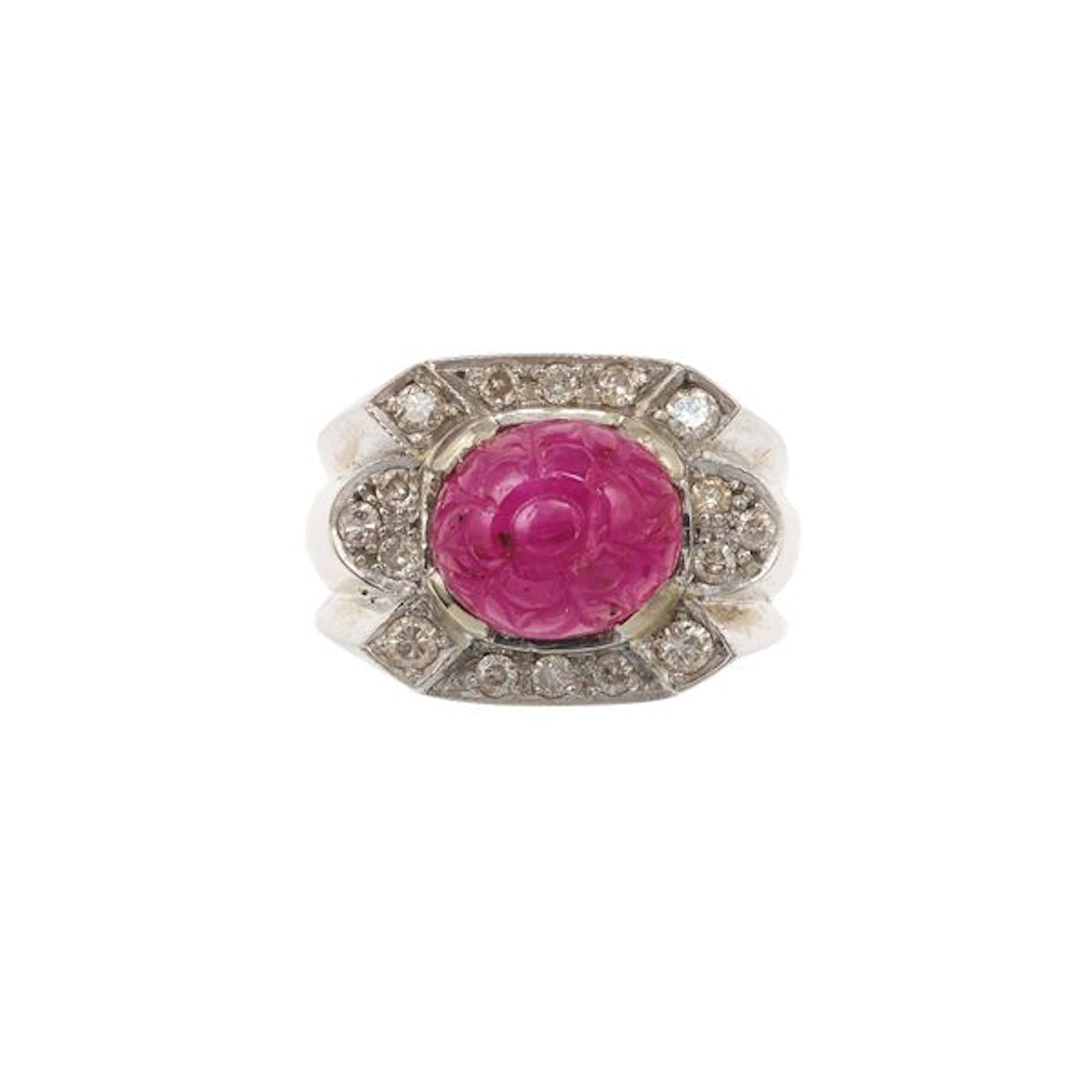 Carved ruby, diamond and gold ring