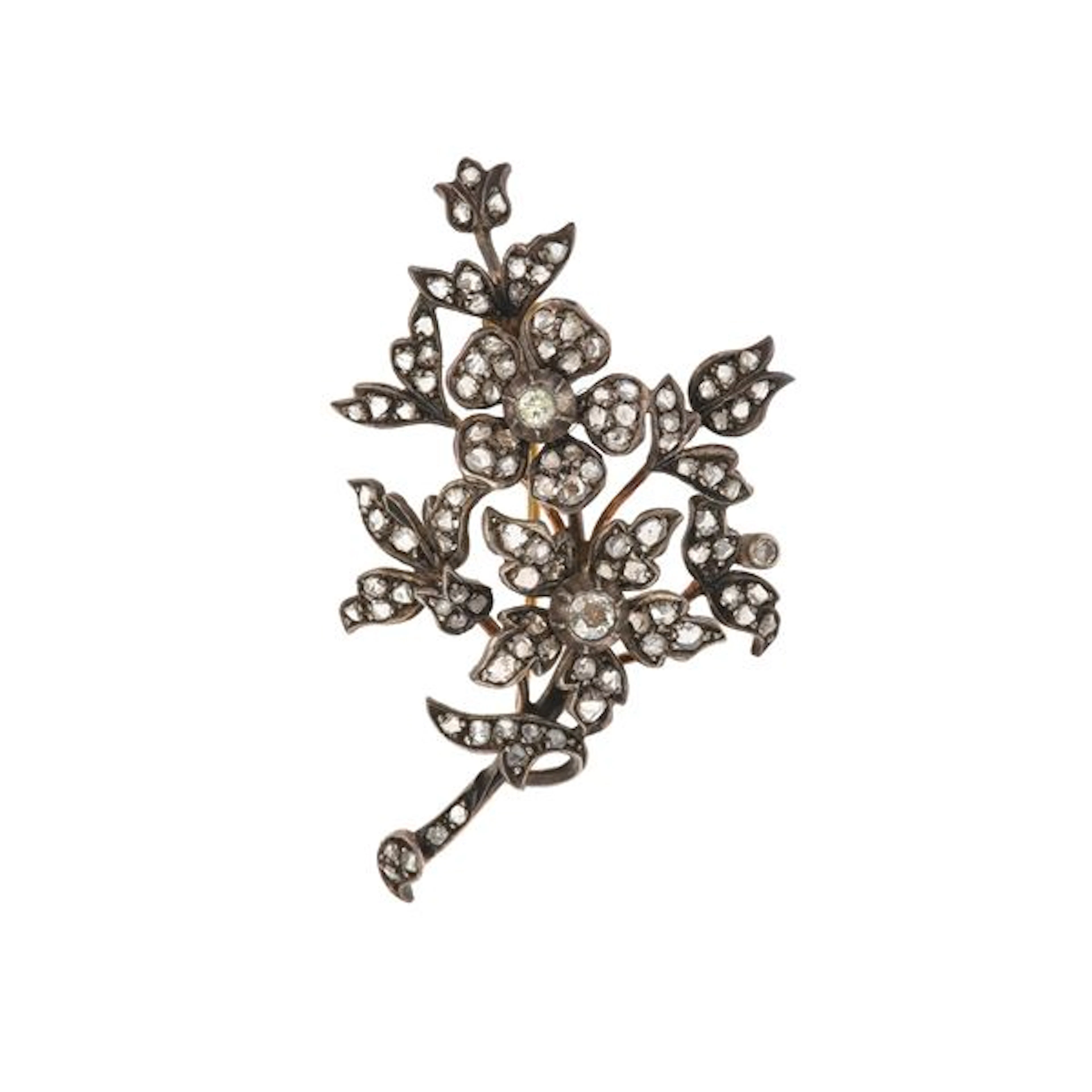 Old-cut diamond low-karat gold and silver brooch