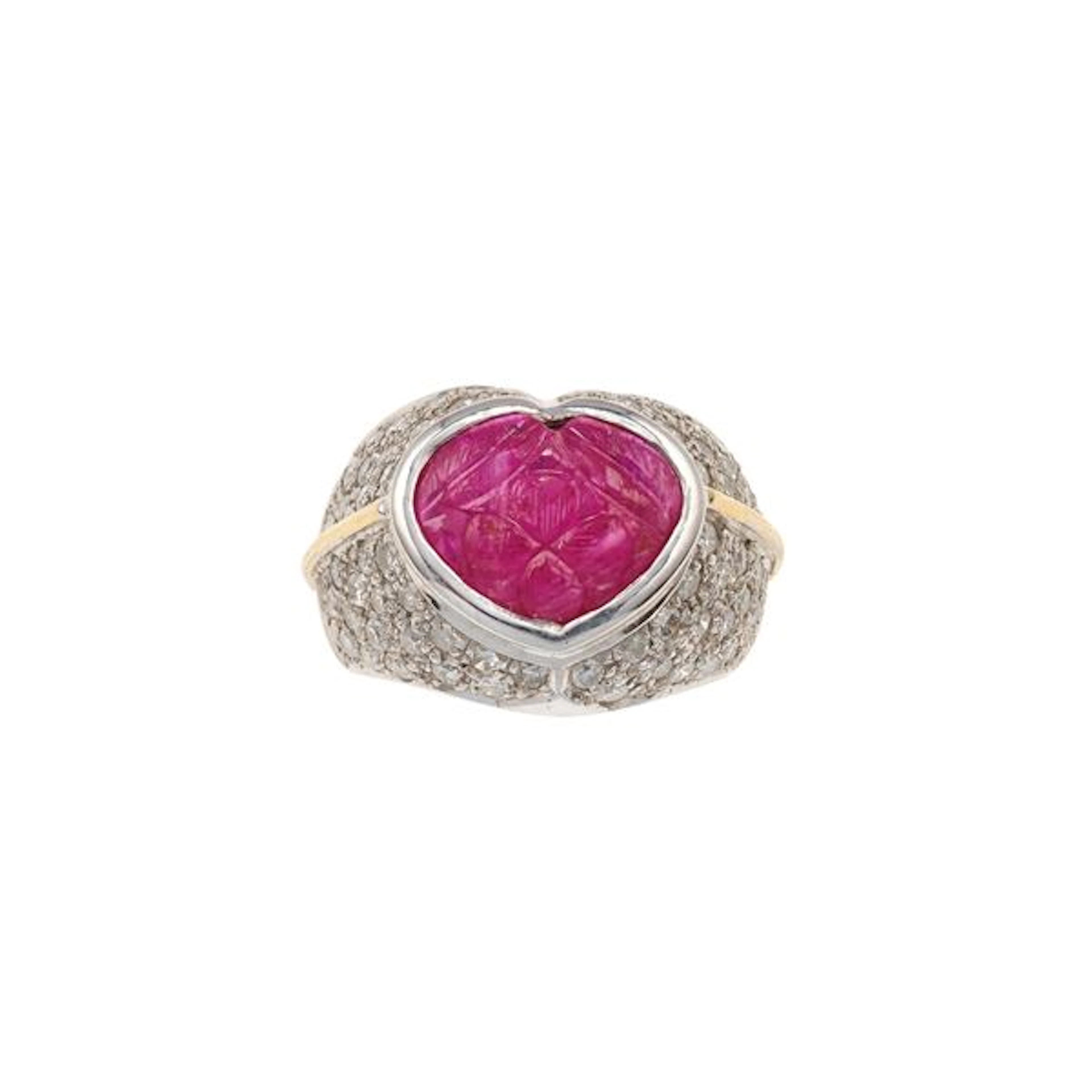 Carved ruby, diamond and gold ring