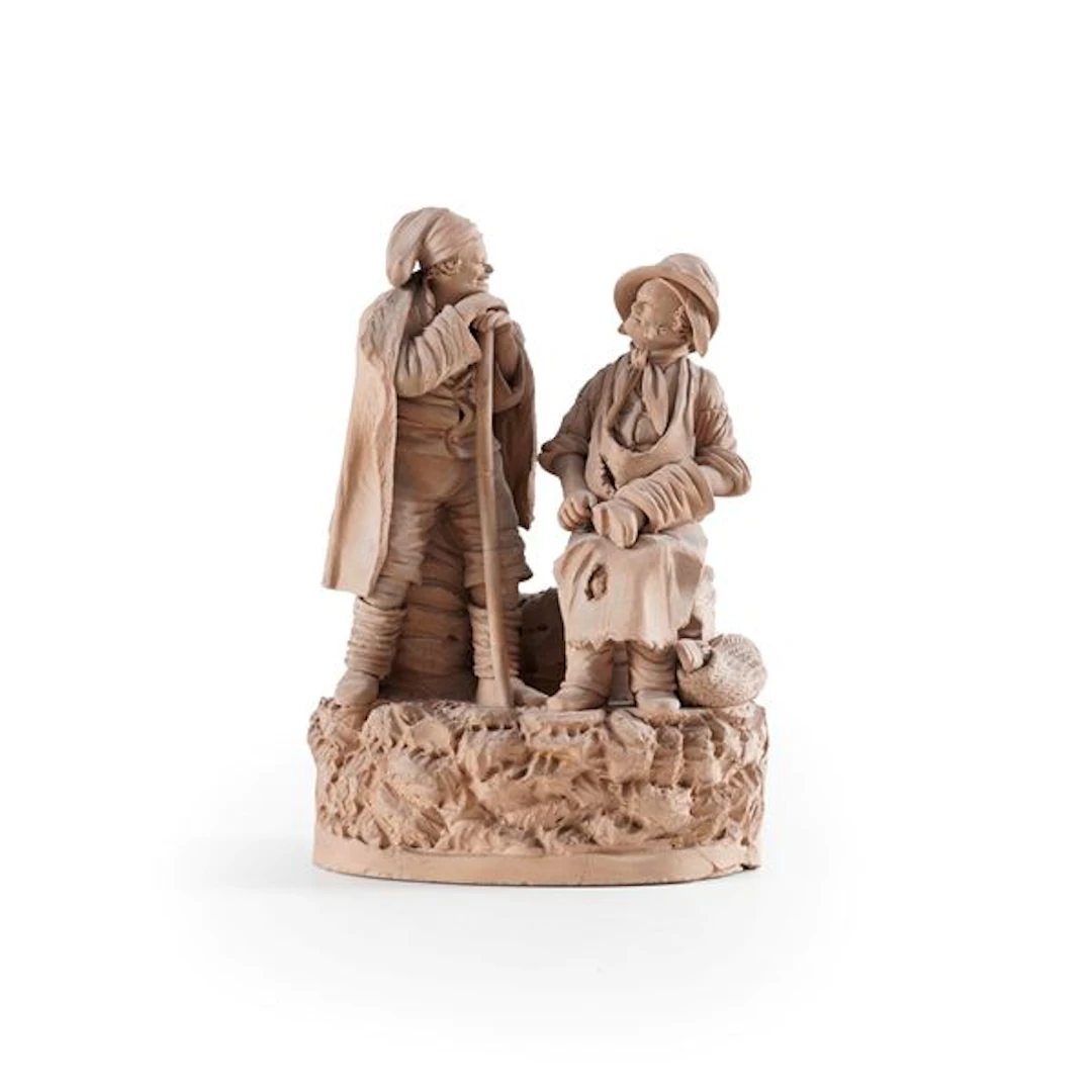 Scultore del XX secolo Gruppo in terracotta con popolani