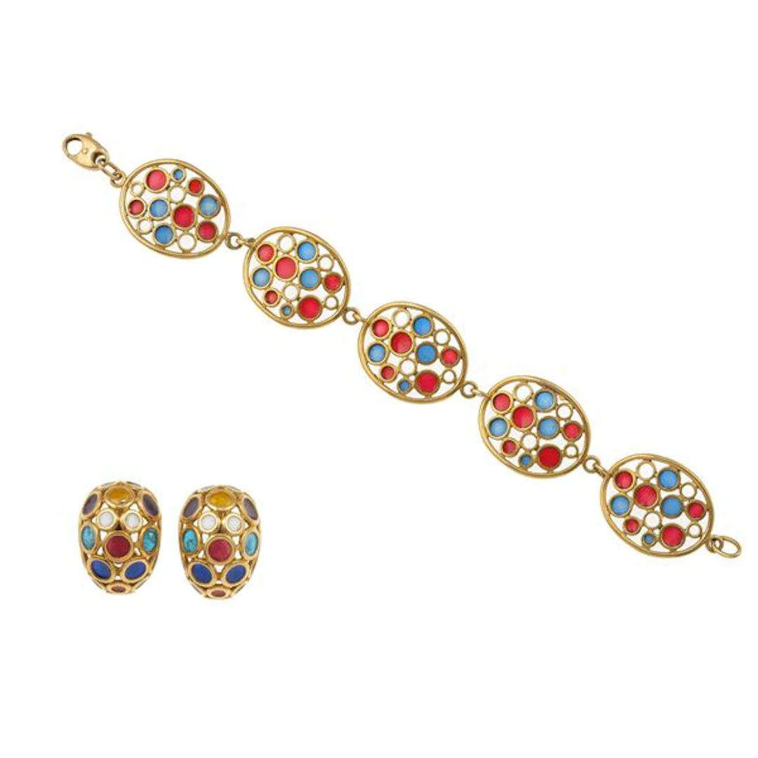 Plique-Ã -jour enamel and gold demi-parure