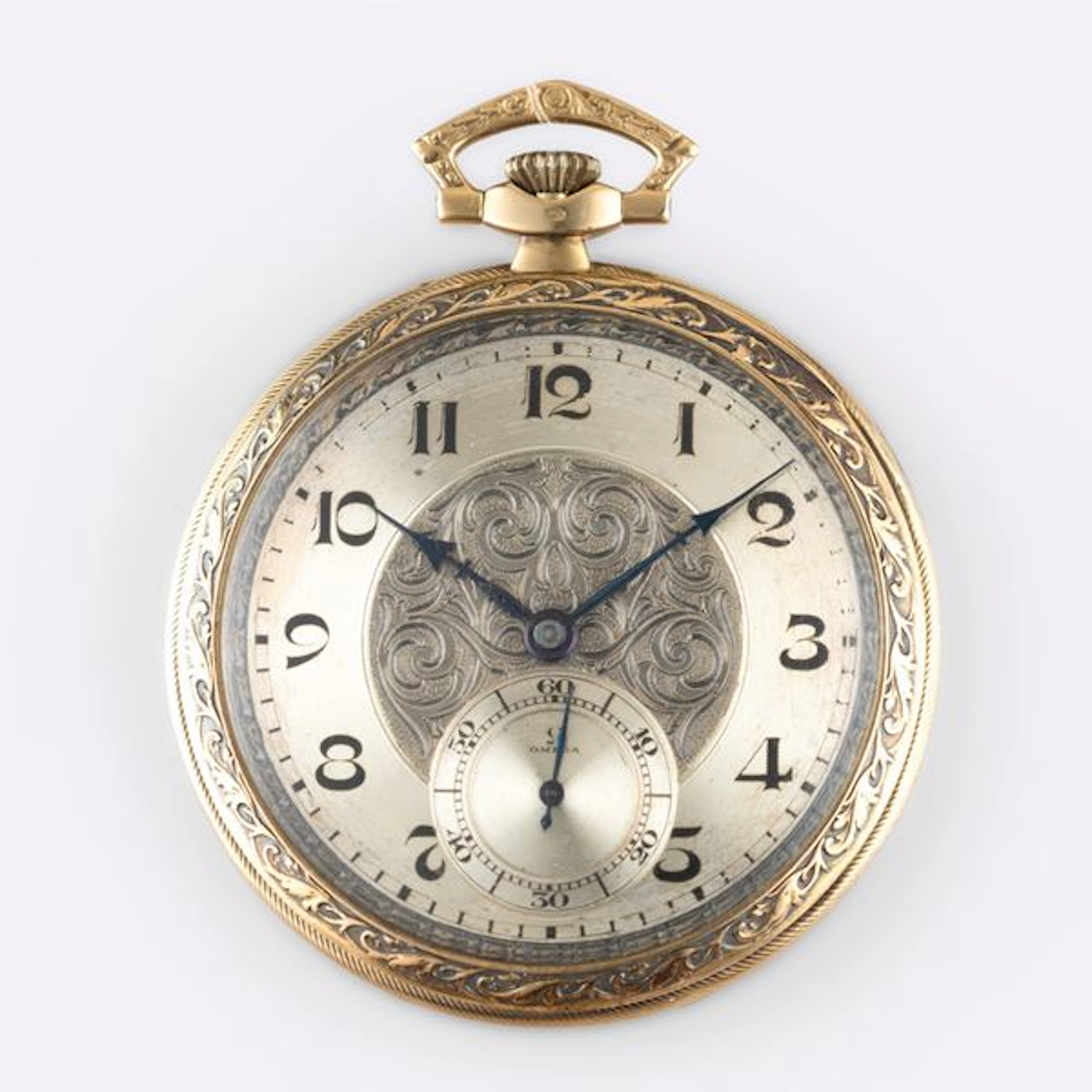 Orologio da tasca in oro giallo 18k con cassa decorata, quadrante