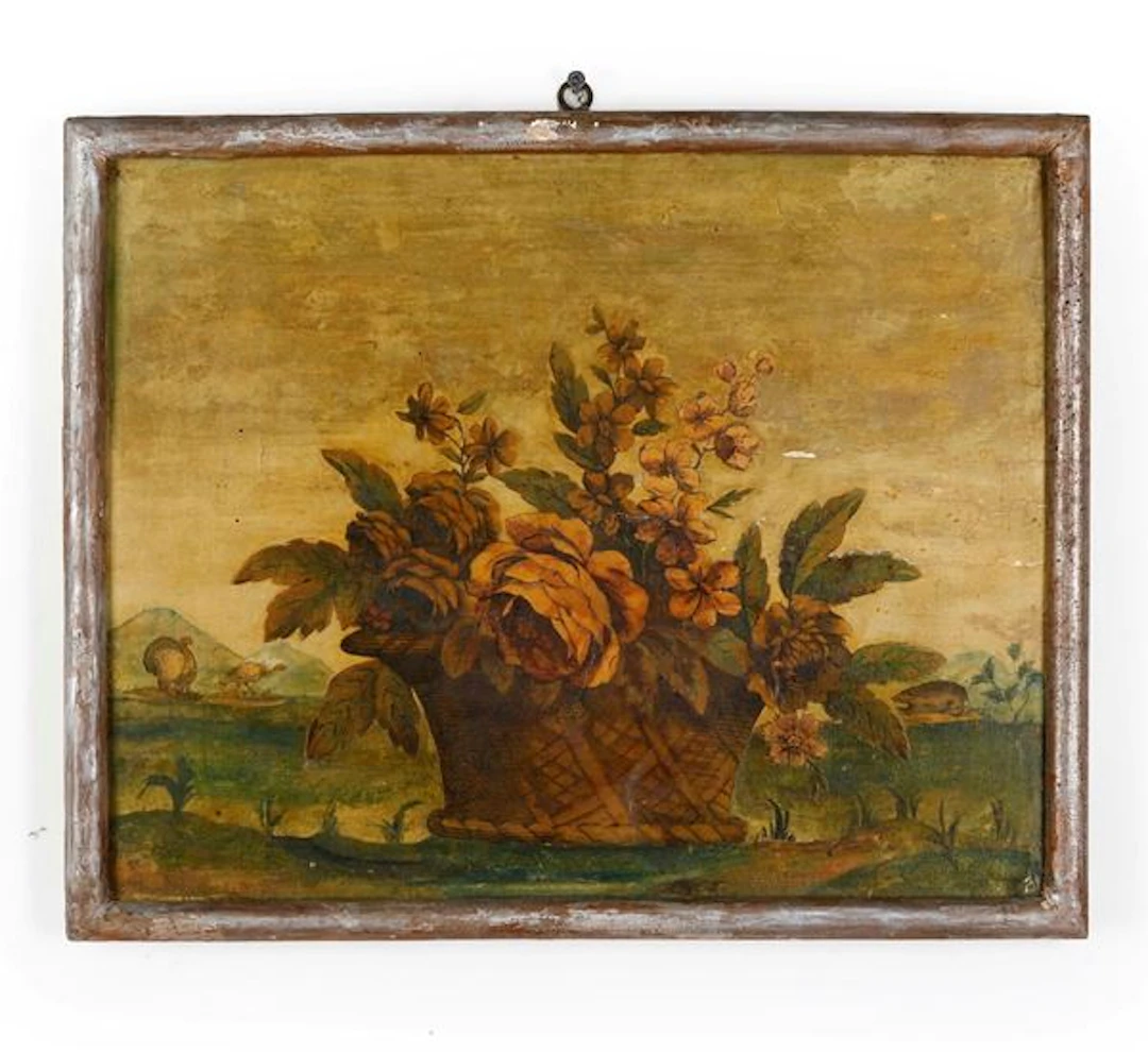 Scuola del XIX-XX secolo Nature morte con canestre colme di fiori e frutti