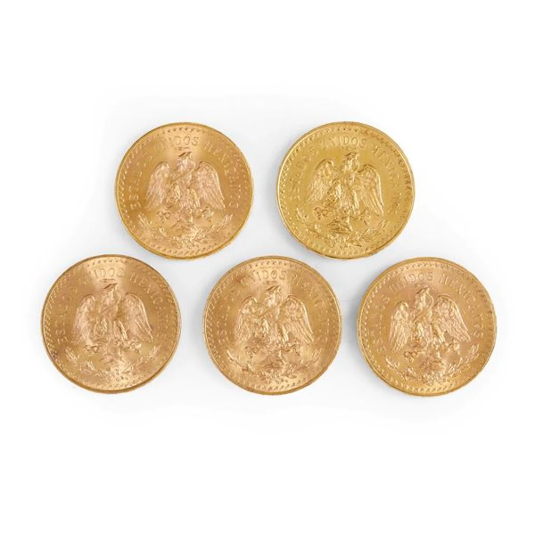 Cinque monete da 50 pesos messicani in oro, 1946 e 1947