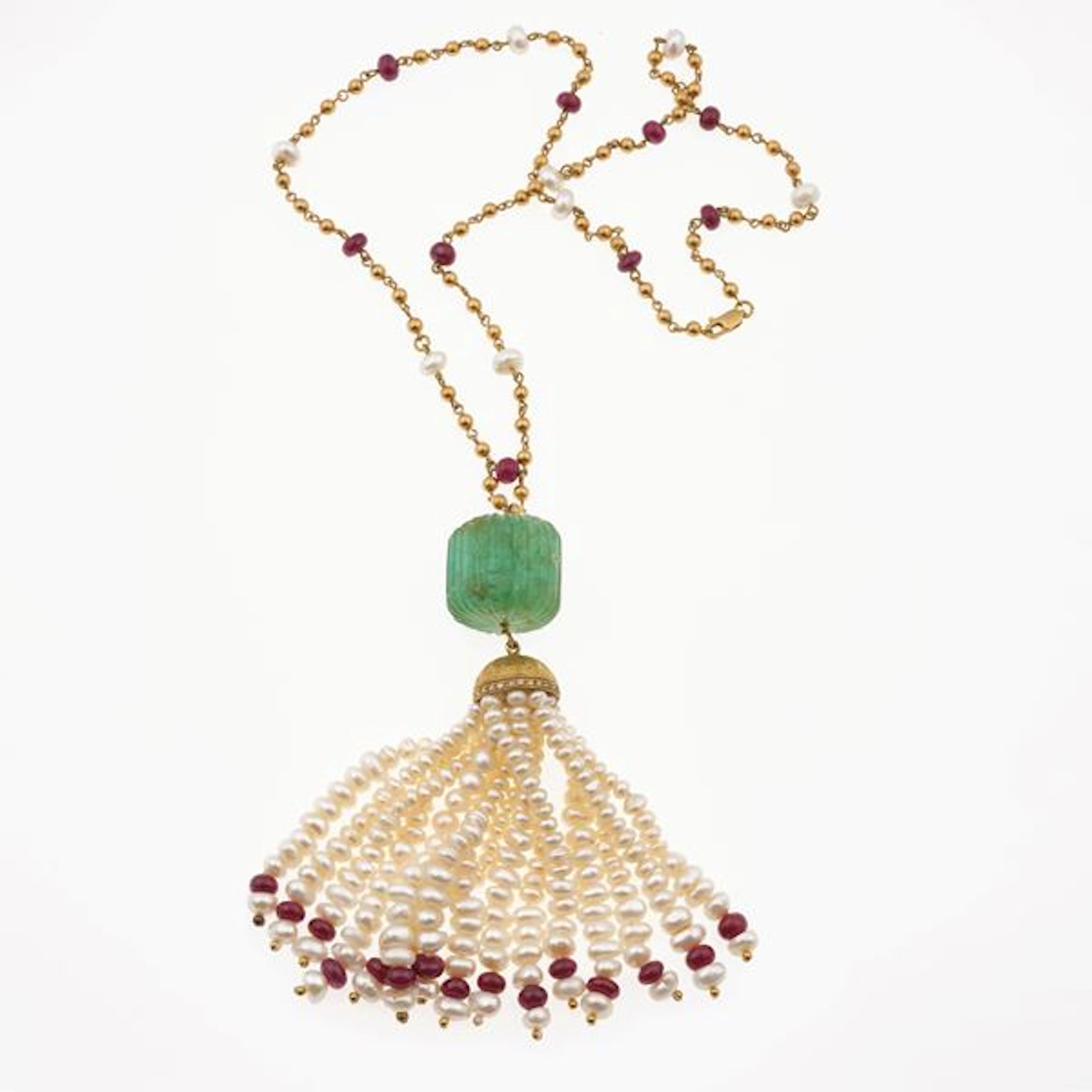 Carved emerald, pearl, ruby, diamond and gold necklcae