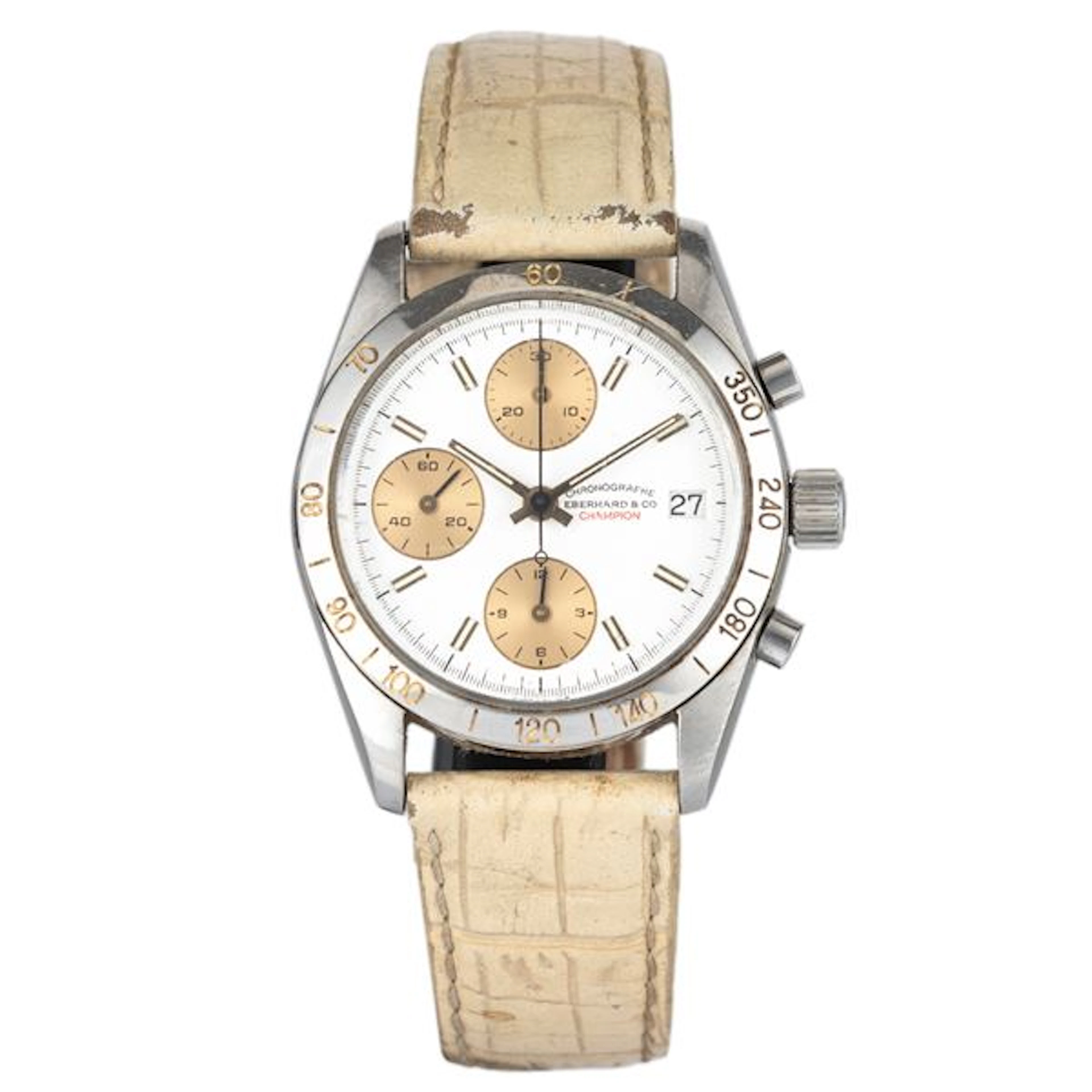 Chronographe Champion ref. 775 in acciaio con tasti a pompa, quadrante