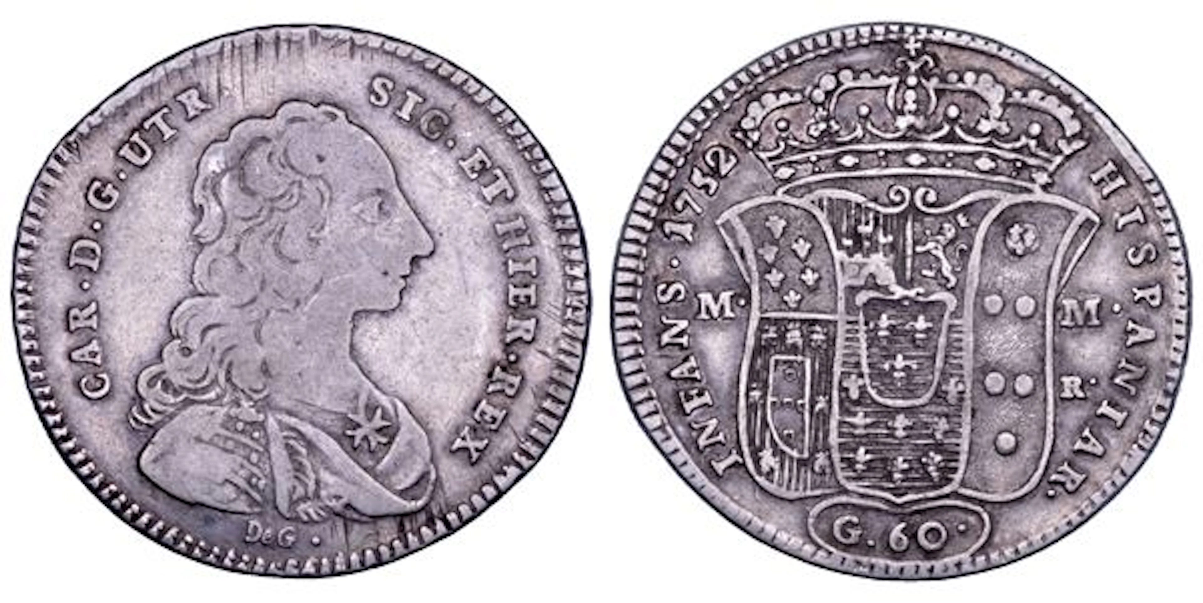 NAPOLI. CARLO DI BORBONE, 1734-1759. Mezza piastra da 60 grana 1752.