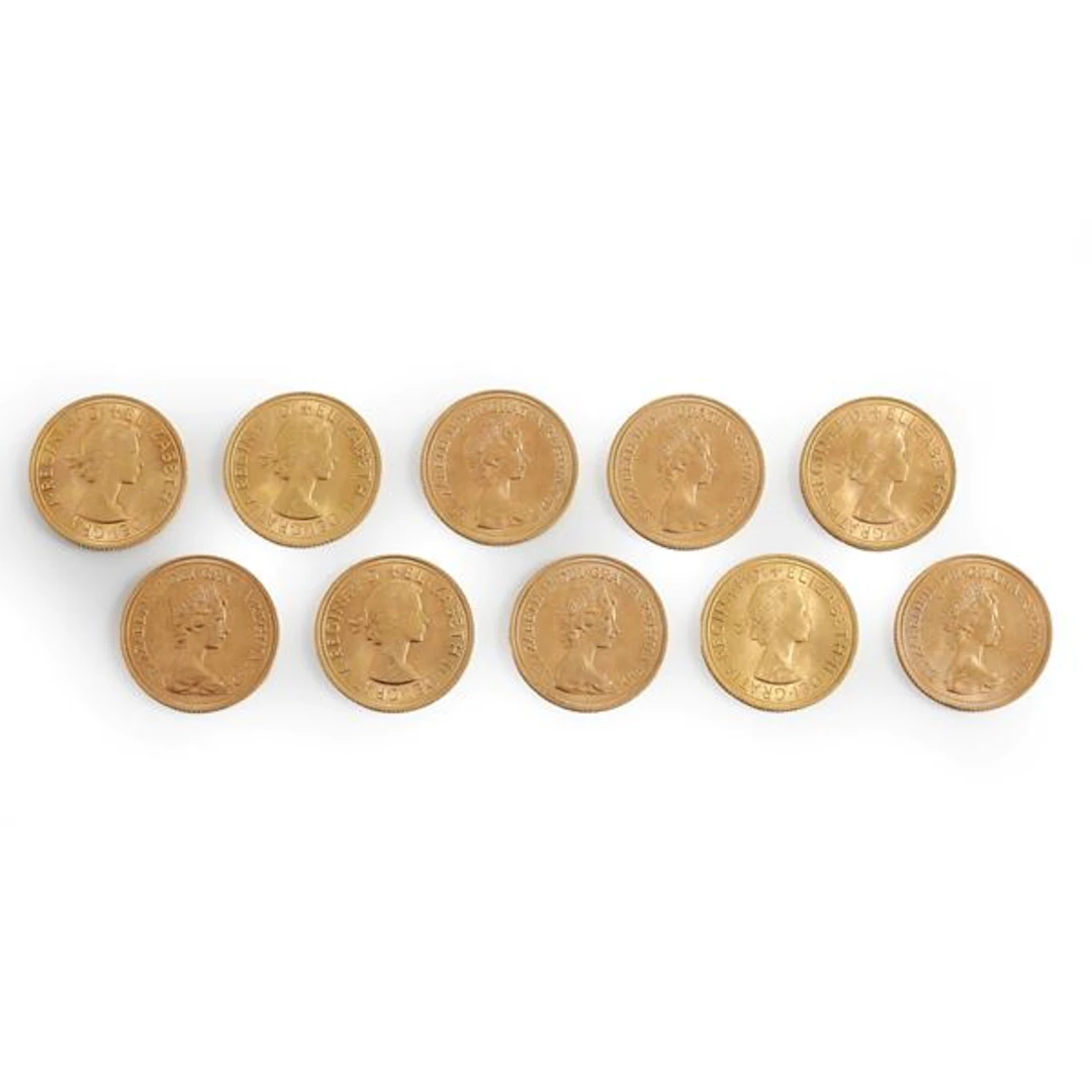 Dieci sterline in oro, datate 1976, 1963, 1964, 1959, 1958, 1968