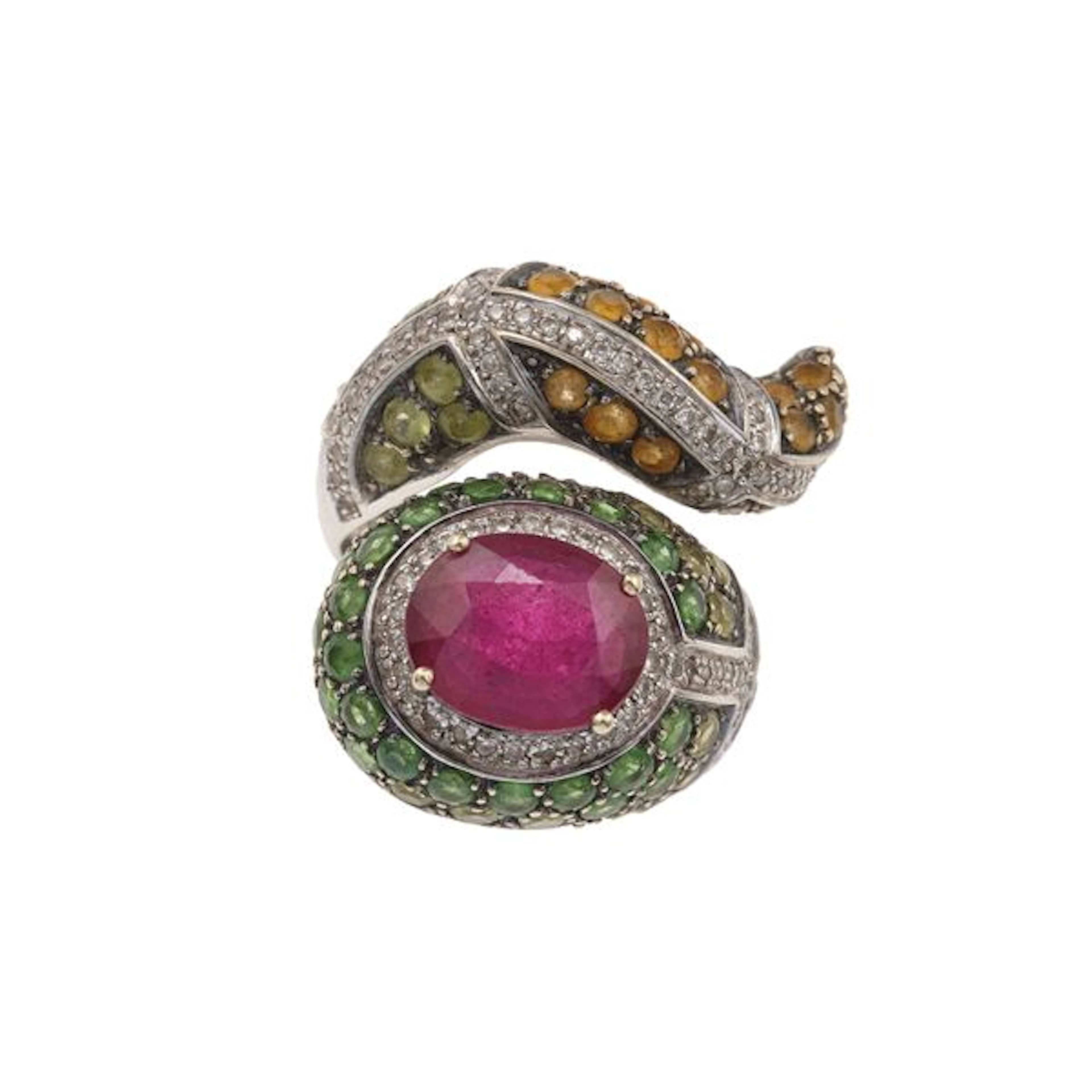 Tourmaline, diamond, gem-set and gold ring. One missing gem