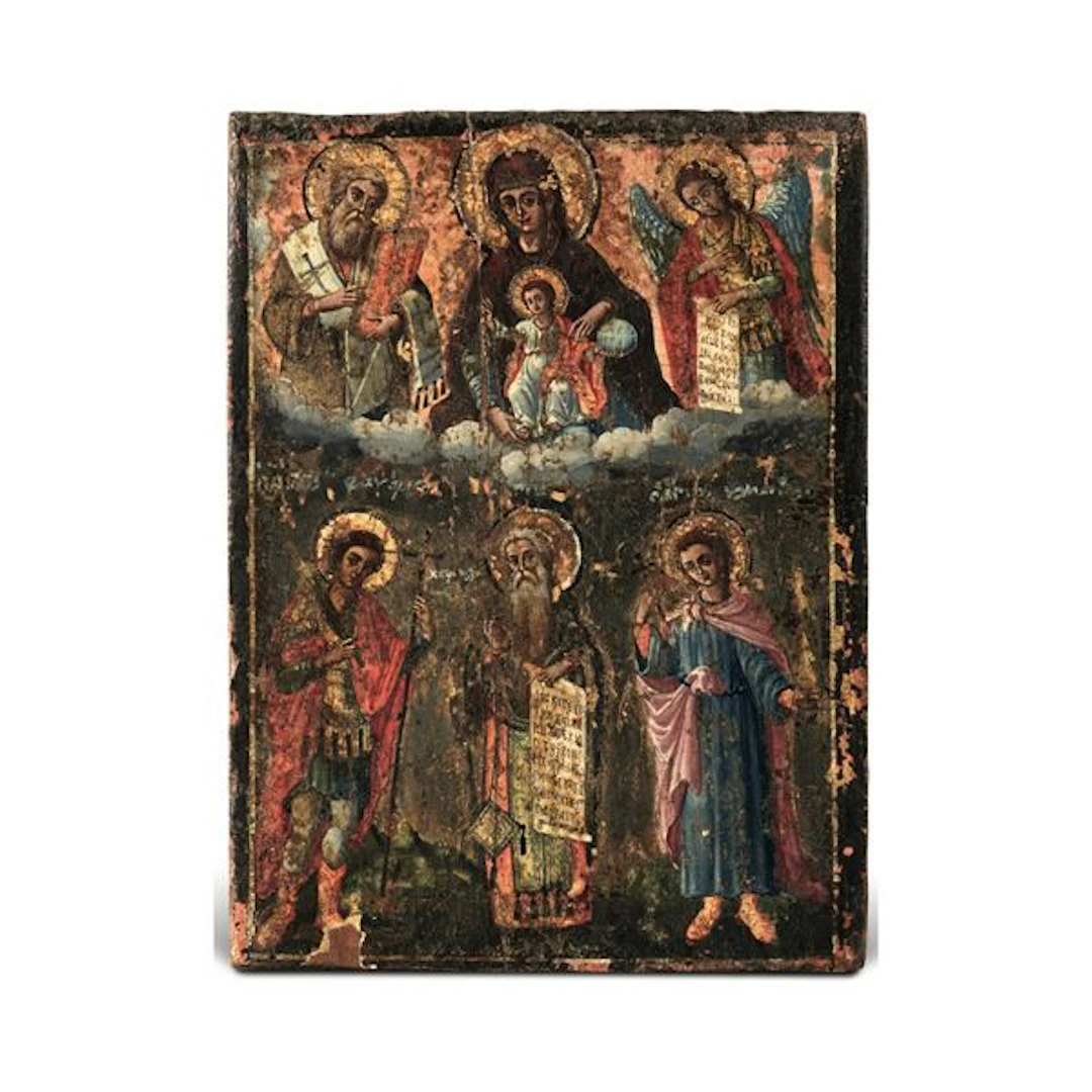 Icona tempera su tavola. Scuola russa del XIX secolo Madonna con Bambino