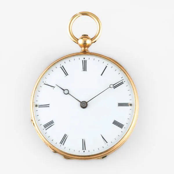 Orologio da tasca in oro giallo 18k con cassa decorata, quadrante