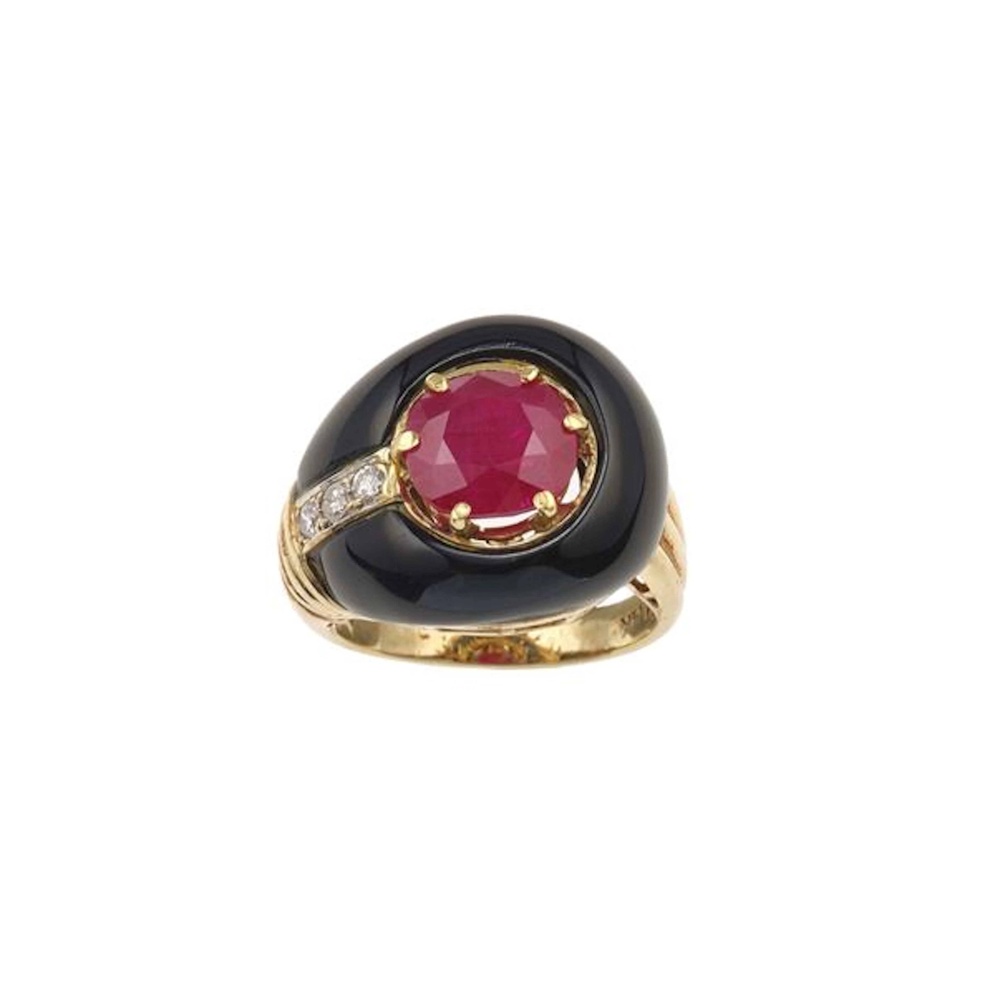 Ruby, onyx, diamond and gold ring