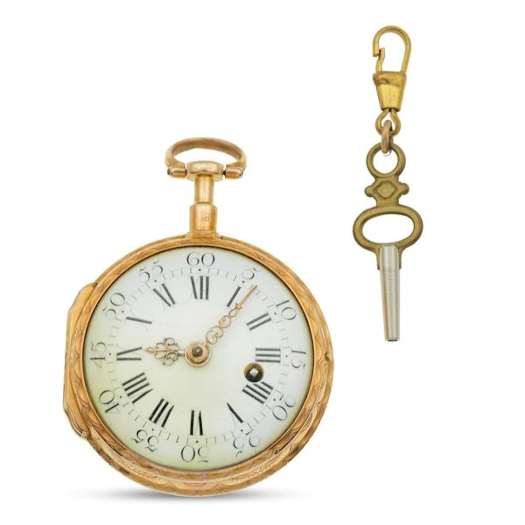 Orologio da tasca in oro giallo 14k con cassa decorata, quadrante