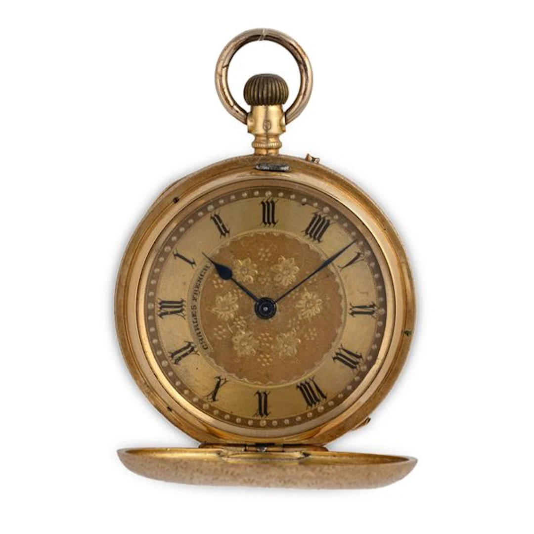 Savonette in oro giallo 18k con cassa e coperchio decorati, quadrante