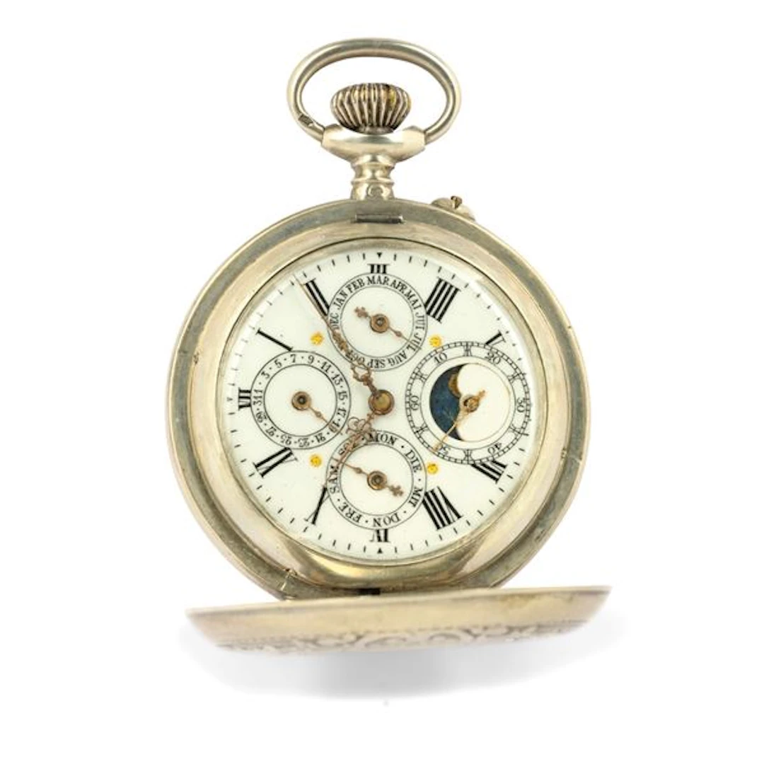 Savonette in metallo, quadrante bianco con calendario completo e fasi