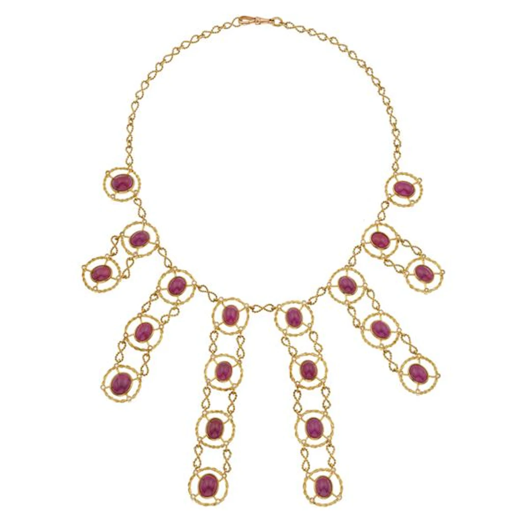 Treatment ruby, diamond and gold necklace