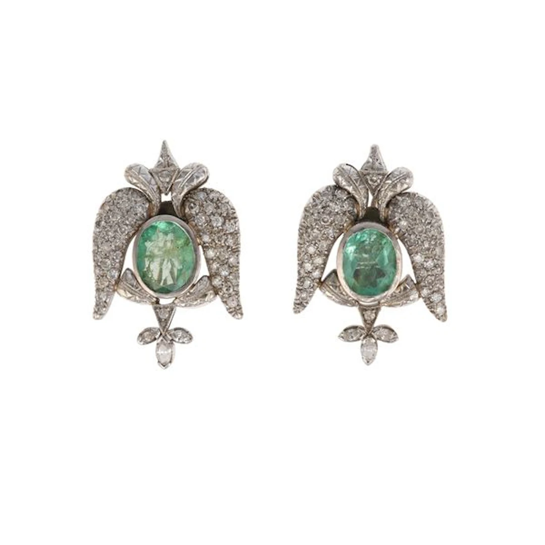 Pair of emerald, diamond and gold earrings