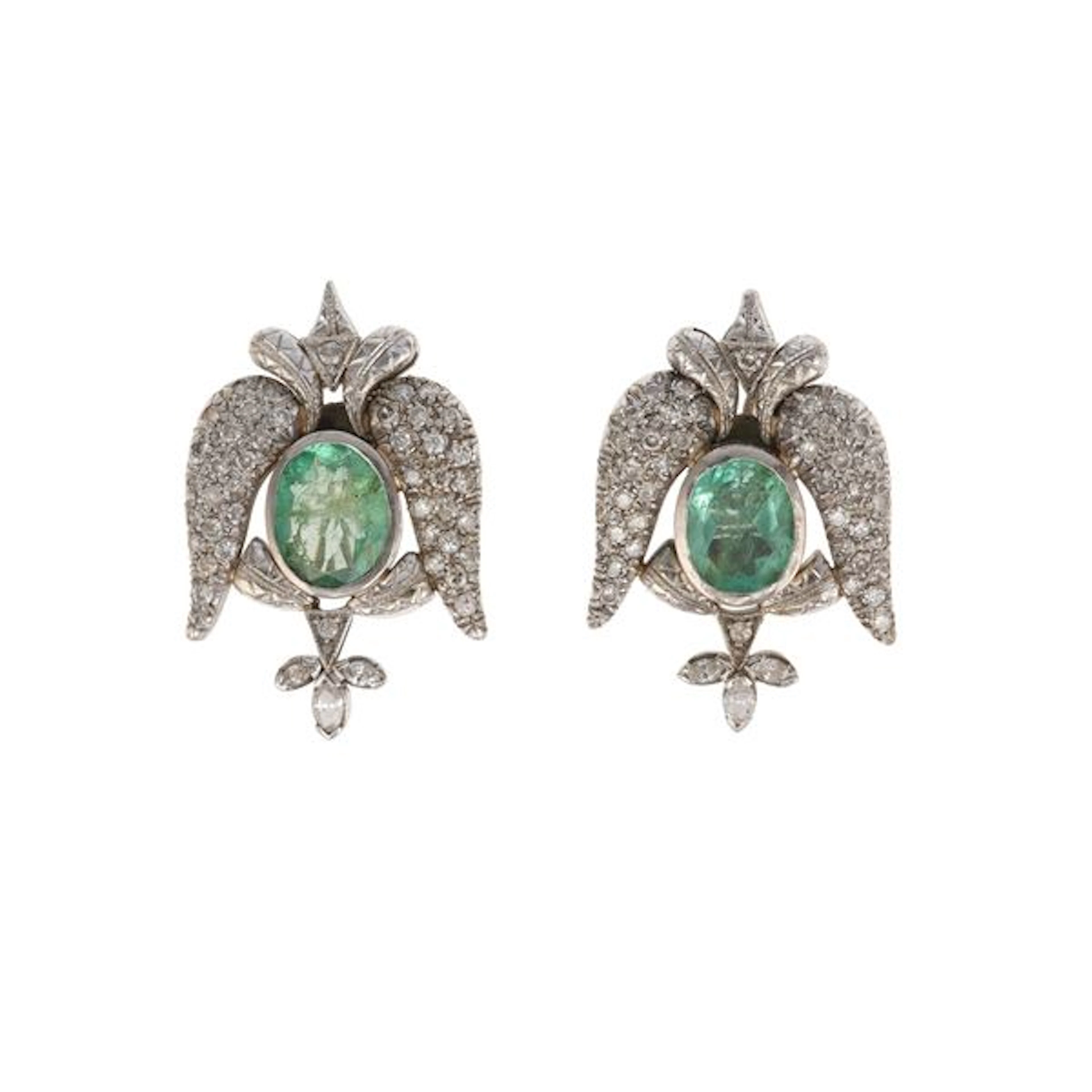Pair of emerald, diamond and gold earrings