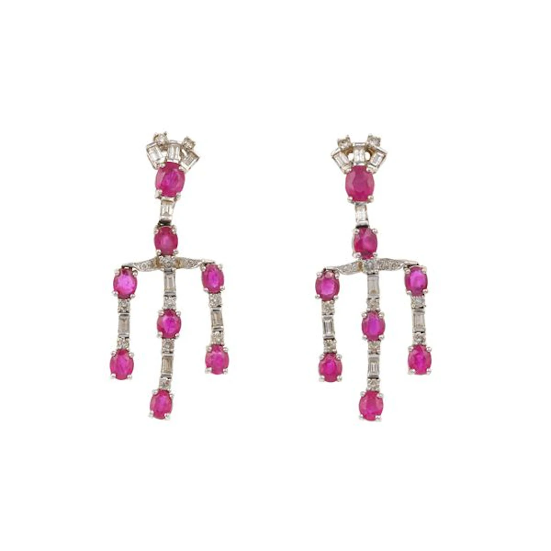 Pair of tratment ruby, diamond and gold earrings