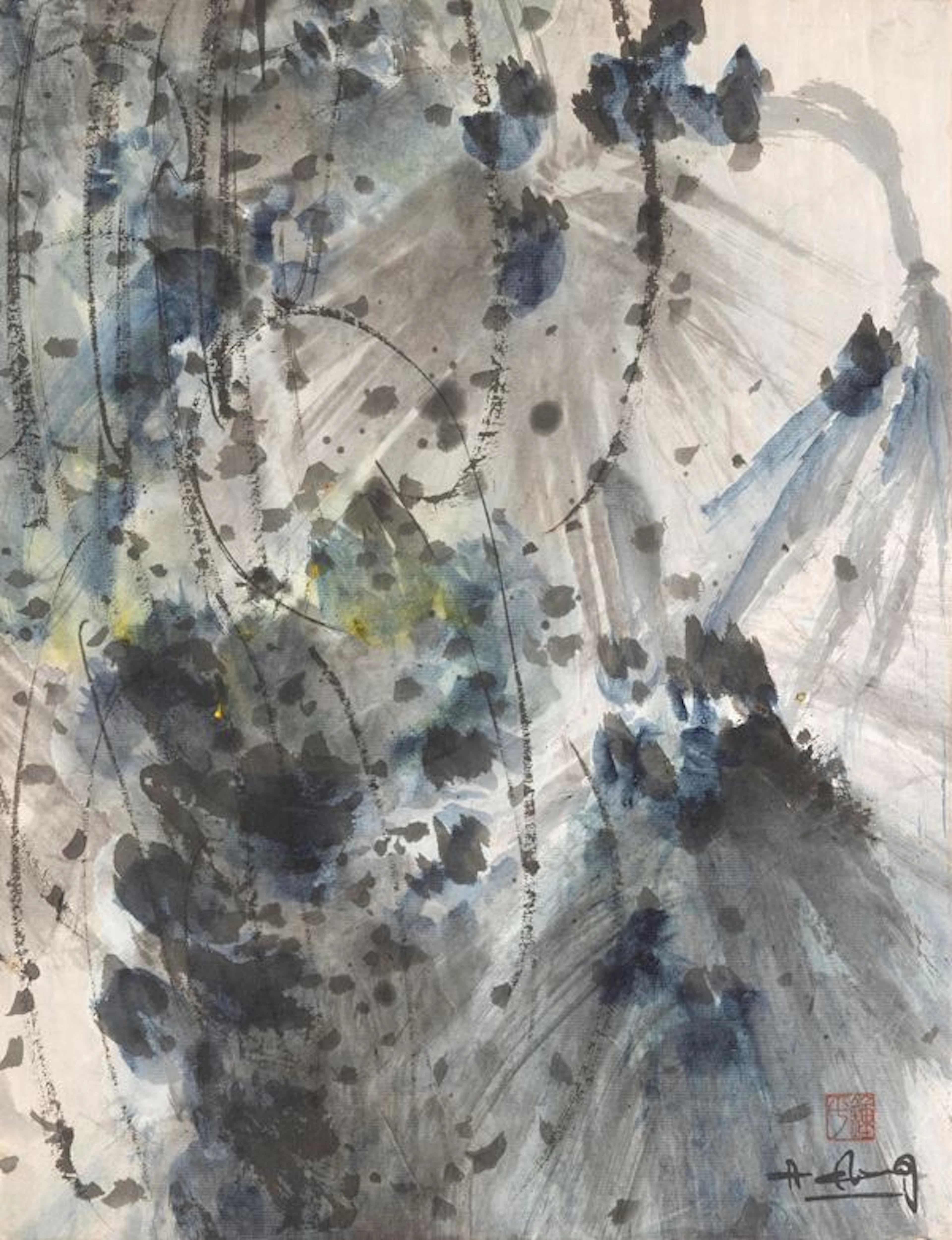 Dipinto in tecnica mista su cartone, firmato e sigillato, A. Chang