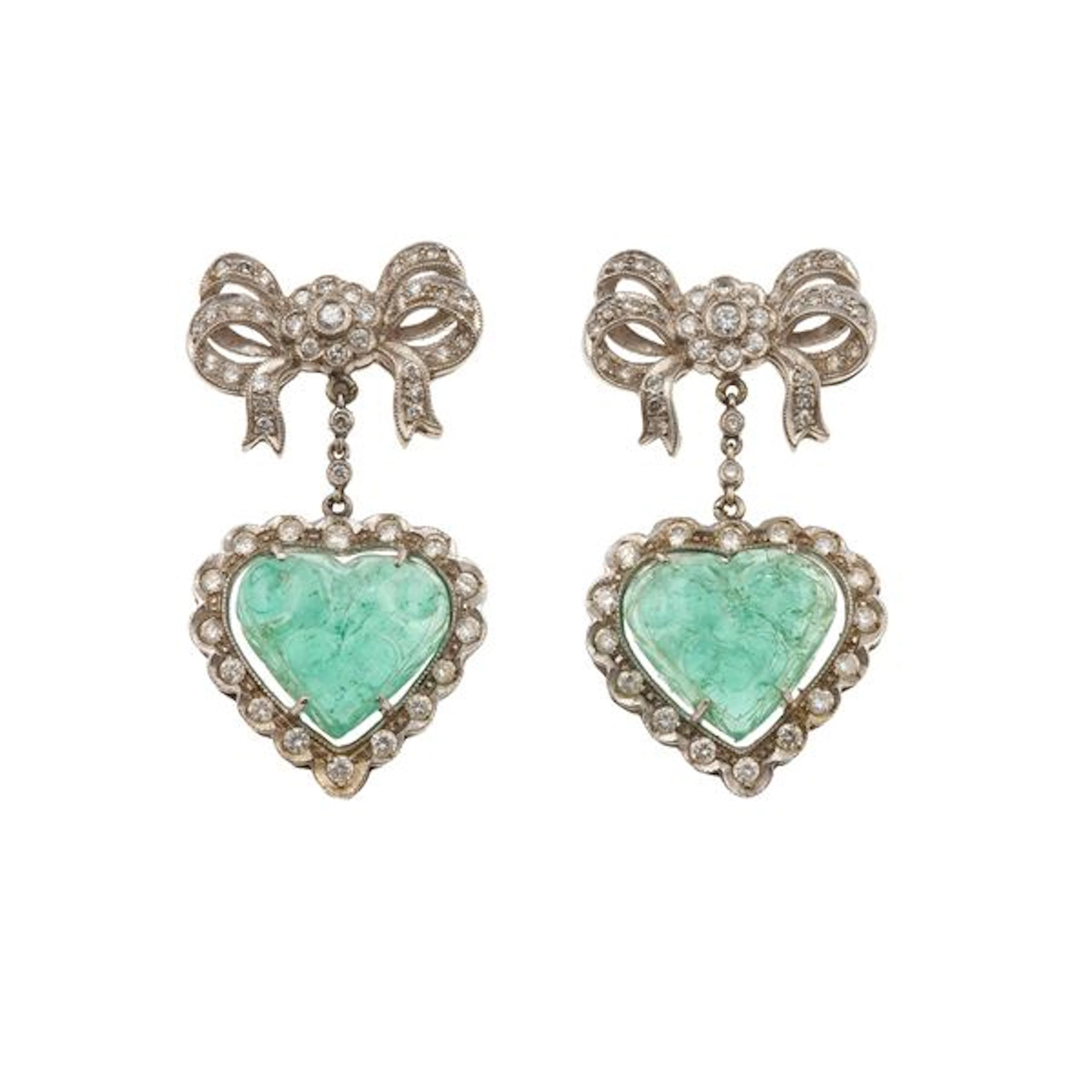 Pair of carved emerald, diamond and gold earrings
