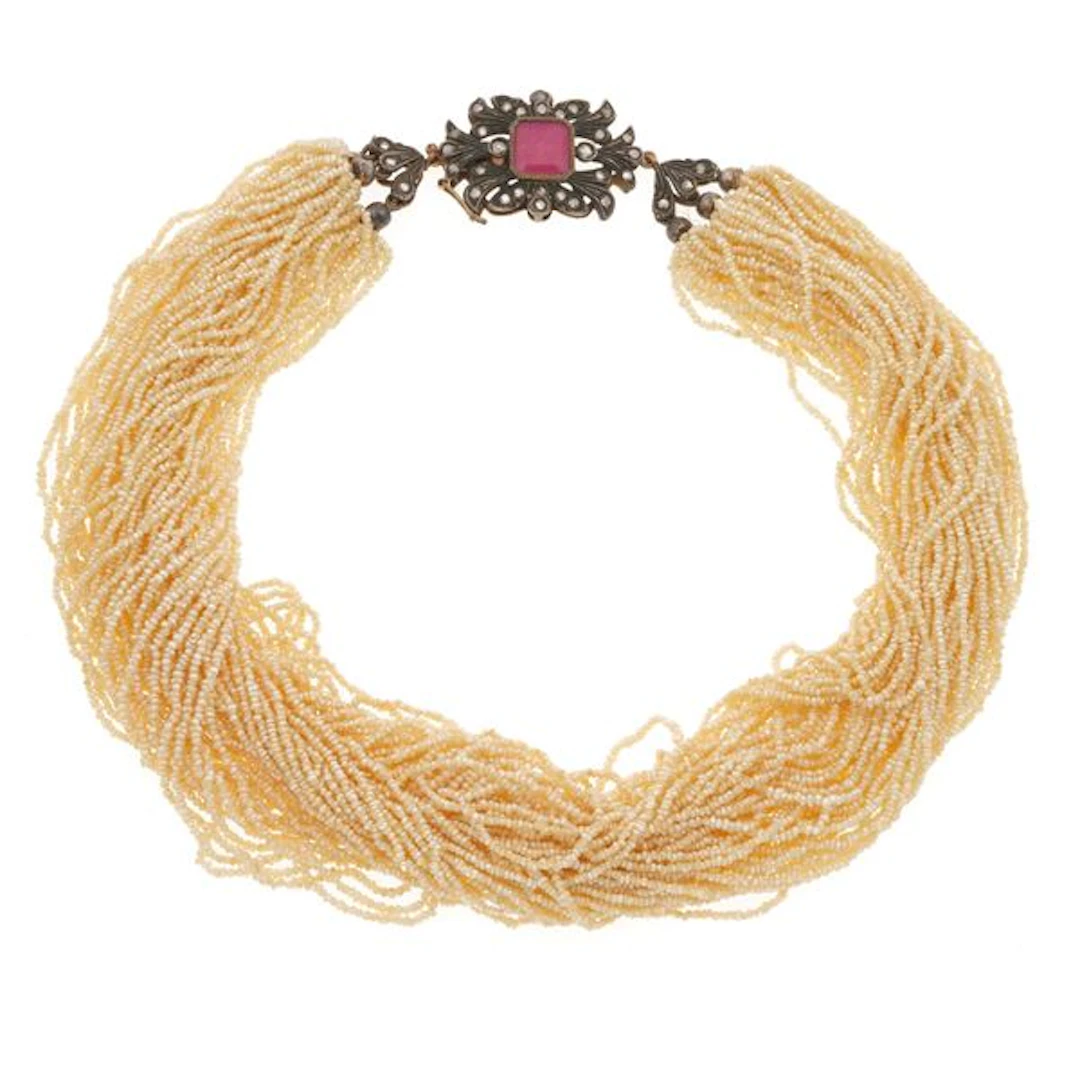 Seed pearl, gold and silver necklace
