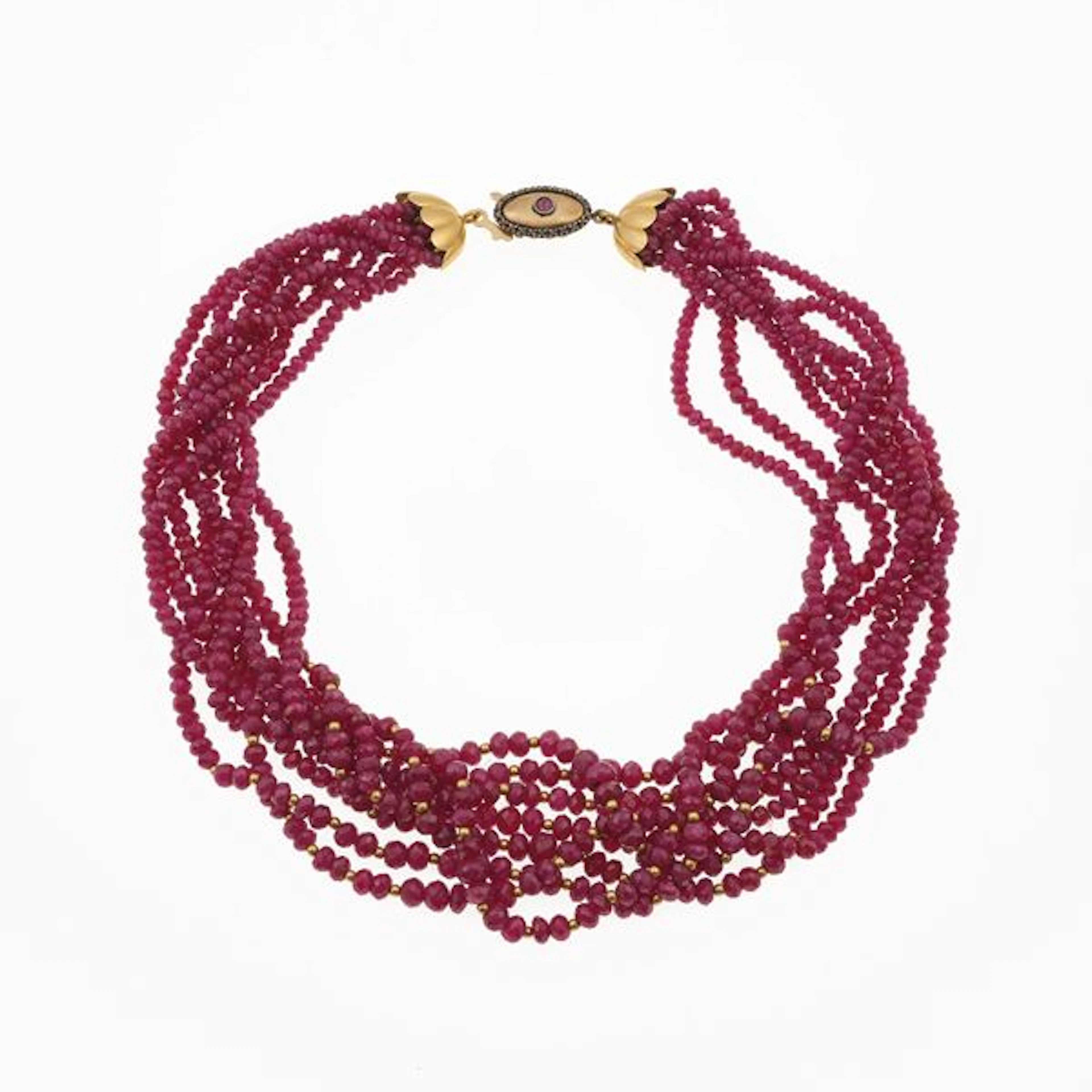 Multi-strand ruby, gold and silver necklace