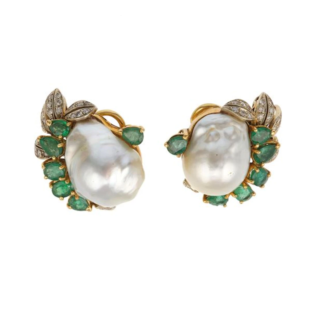 Pair of baroque pearl, diamond, emerald and gold earings