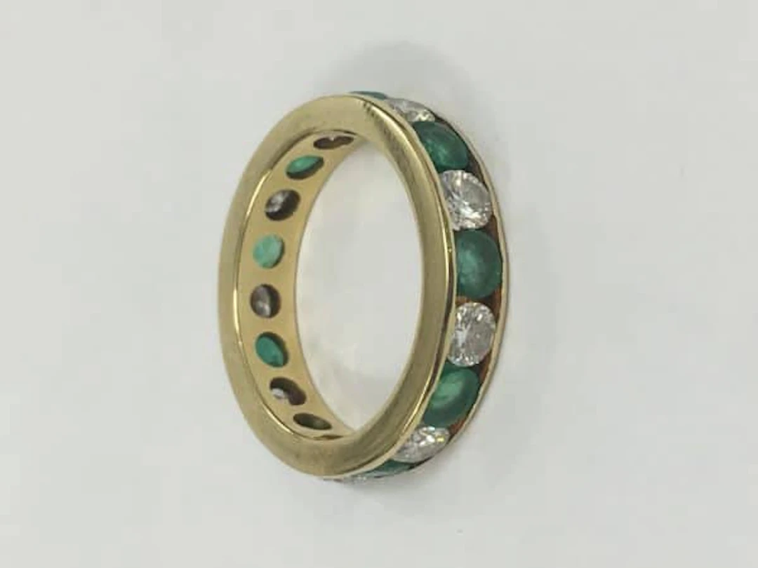 EMERALD AND DIAMOND ETERNINTY RING CHANNEL SET 18CT GOLD