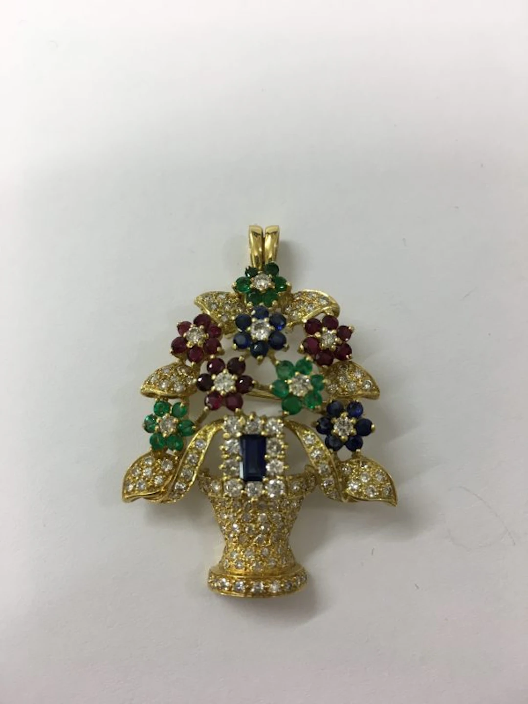 Brooch/pendant flower pot design in ruby diamond emerald and sapphires